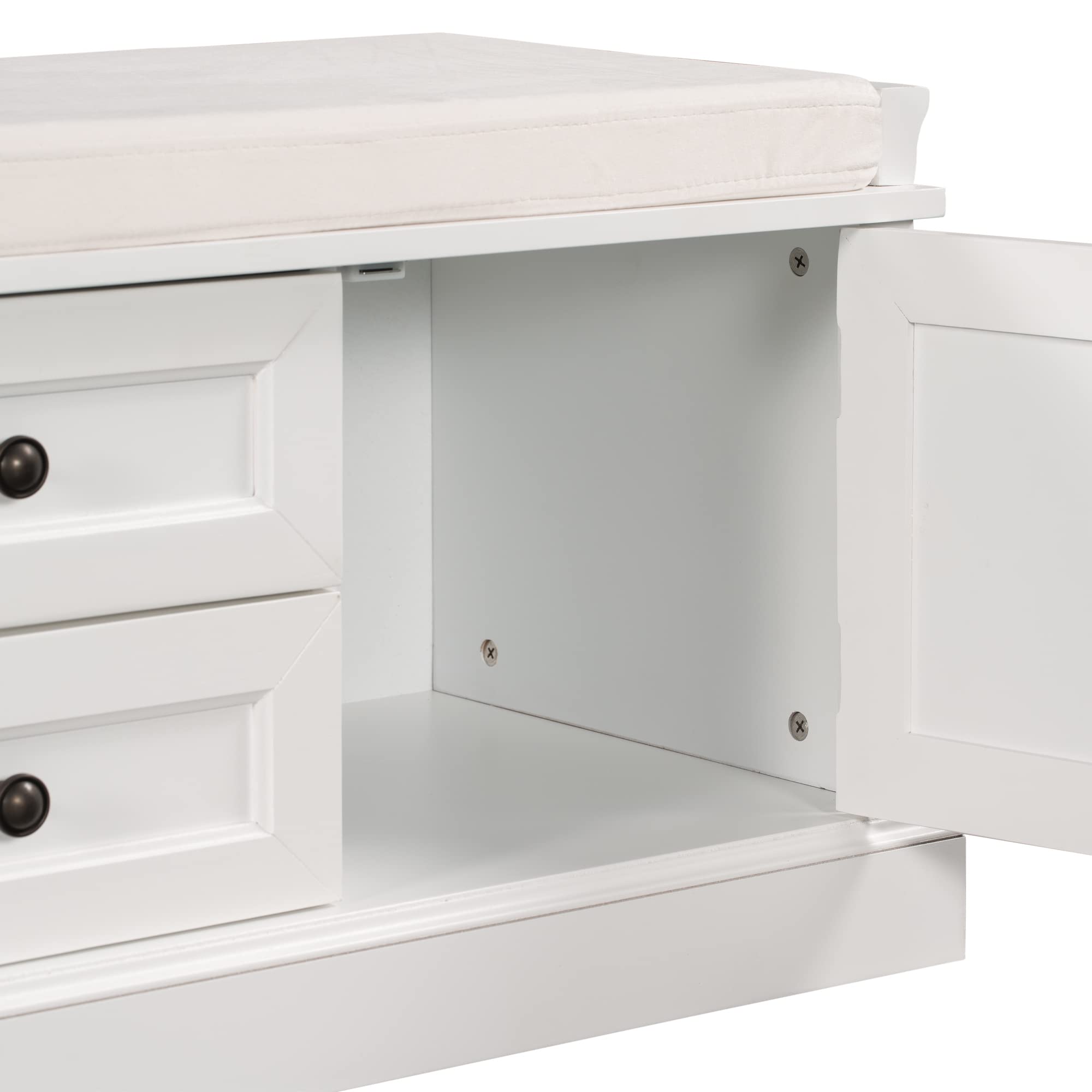 Merax 2-Drawer & 2-Cabinet Storage Bench with Removable Cushion - White Entryway Shoe Bench for Living Room, Bedroom & Hallway Organization | Perfect for Small Space Storage & Seating Solution