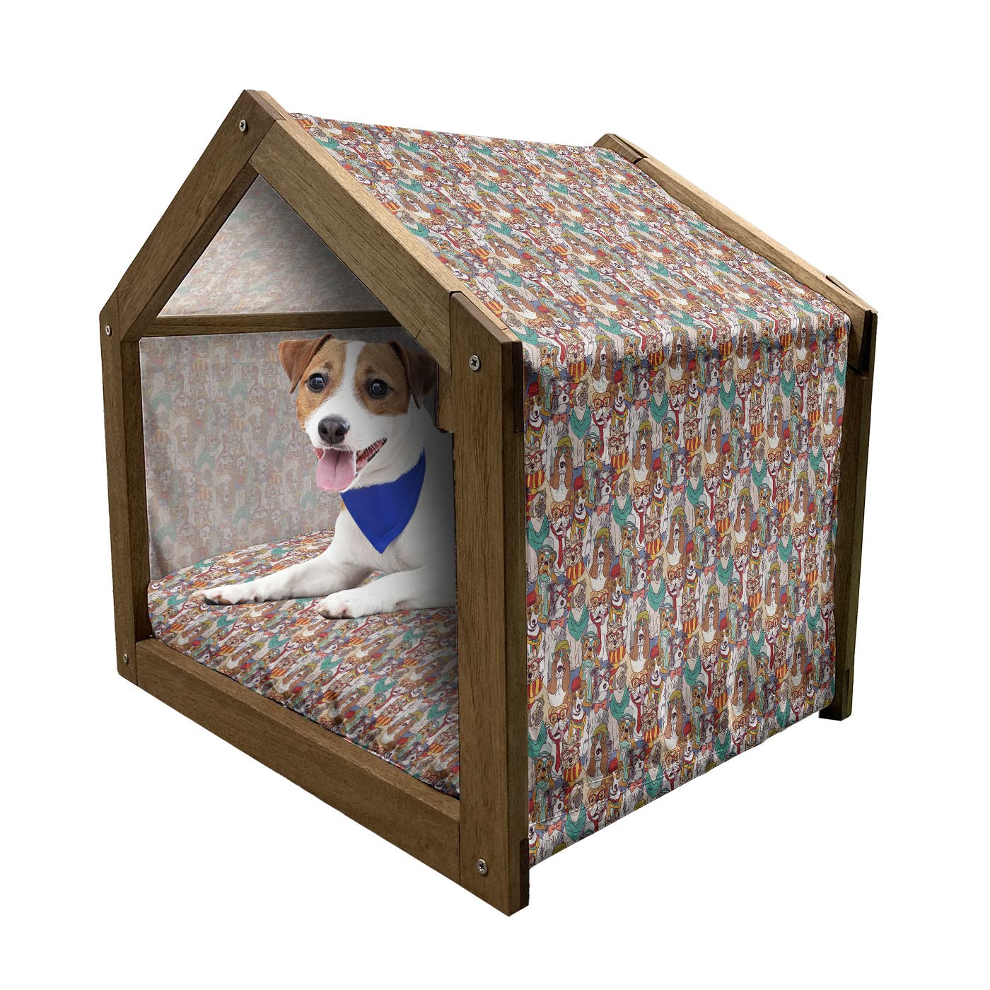 Ambesonne Wooden Dog House for Small to Medium Breeds - Bulldog, Schnauzer, Pug - Colorful Cartoon Pattern with Glasses, Hats & Scarf Design - Indoor & Outdoor Portable Pet Kennel with Removable Pillow & Cover - Perfect for Home, Yard, or Travel (Red Multicolor, Medium Size)