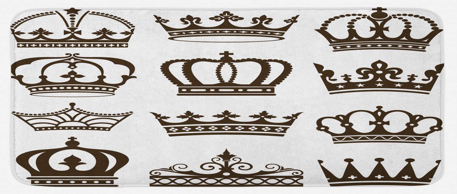Ambesonne King Size Kitchen Mat - Royal Crown & Tiara Cartoon Design, Non-Slip Plush Decorative Rug for Queen & Prince, 47x19 Inches, Green & Brown - Perfect for Royal-Themed Kitchens, Dining Rooms & Princess Bedrooms