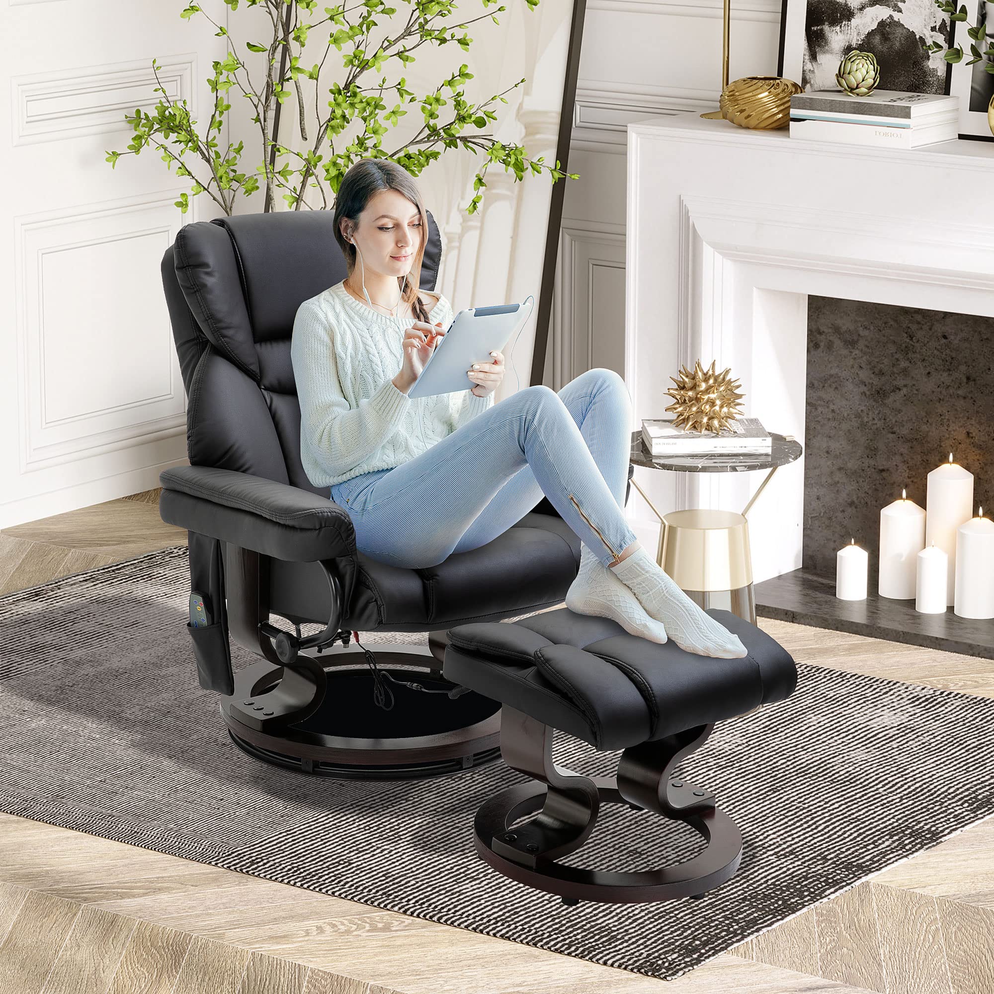 HOMCOM Massage Recliner Chair with Ottoman Footrest - 10 Vibration Points, 360° Swivel Reclining Living Room Chair - Faux Leather with Side Pocket & Remote Control - Black - Perfect for Relaxation, Home Theater & Living Room Comfort
