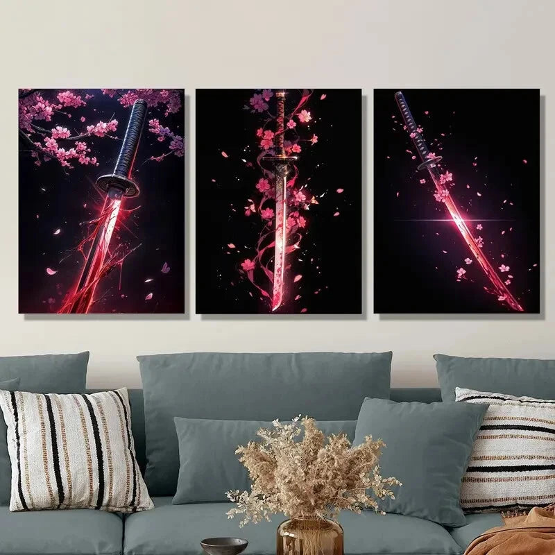 3-Piece Vibrant Sakura & Samurai Katana Metal Wall Art Prints - Ready to Hang Japanese Decor for Living Room, Bedroom & Office