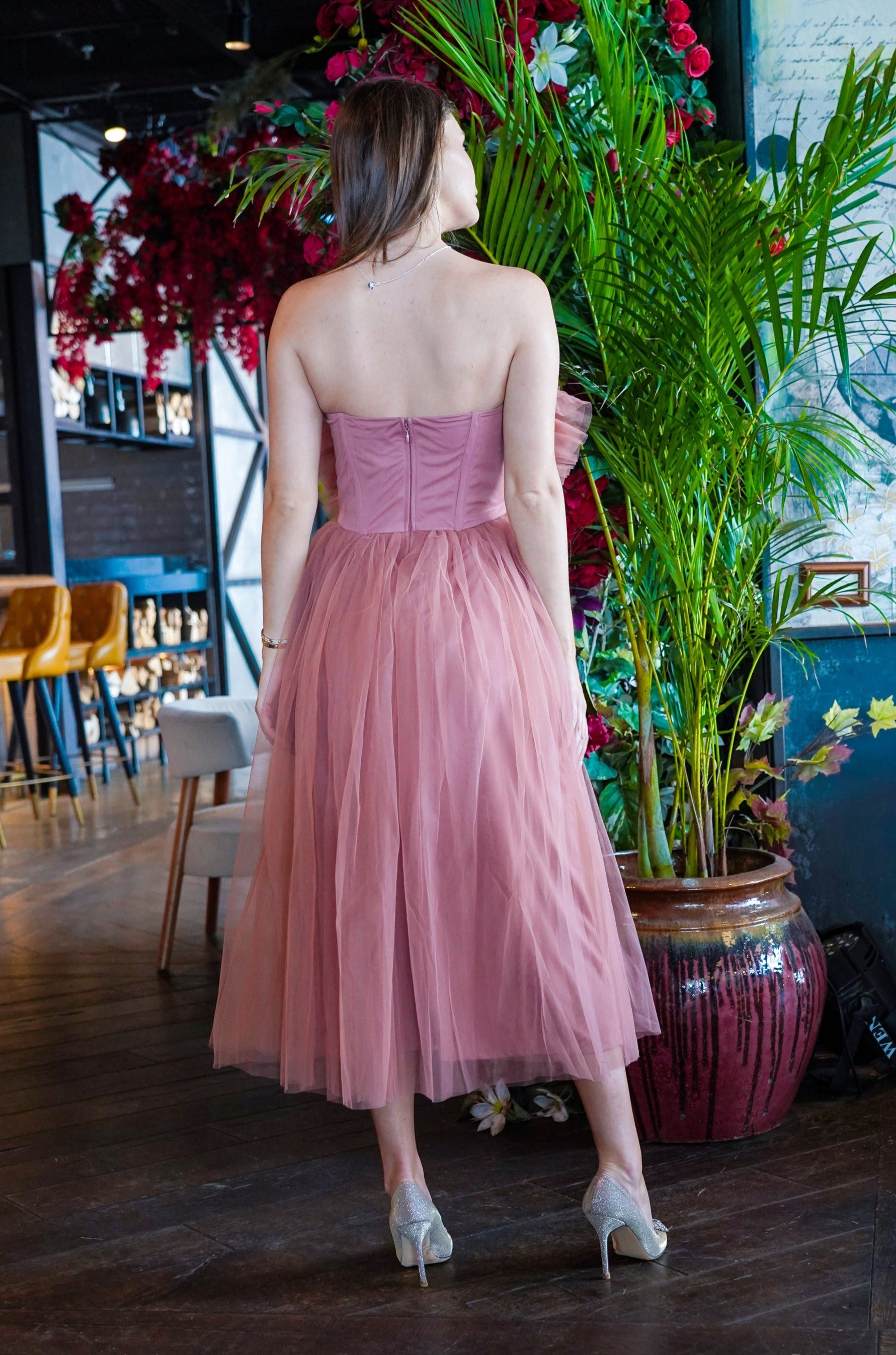 Elegant Butterfly Mauve Tulle Midi Dress for Women - Flowy Party & Wedding Guest Dress - Perfect for Bridal Shower, Evening Events & Special Occasions