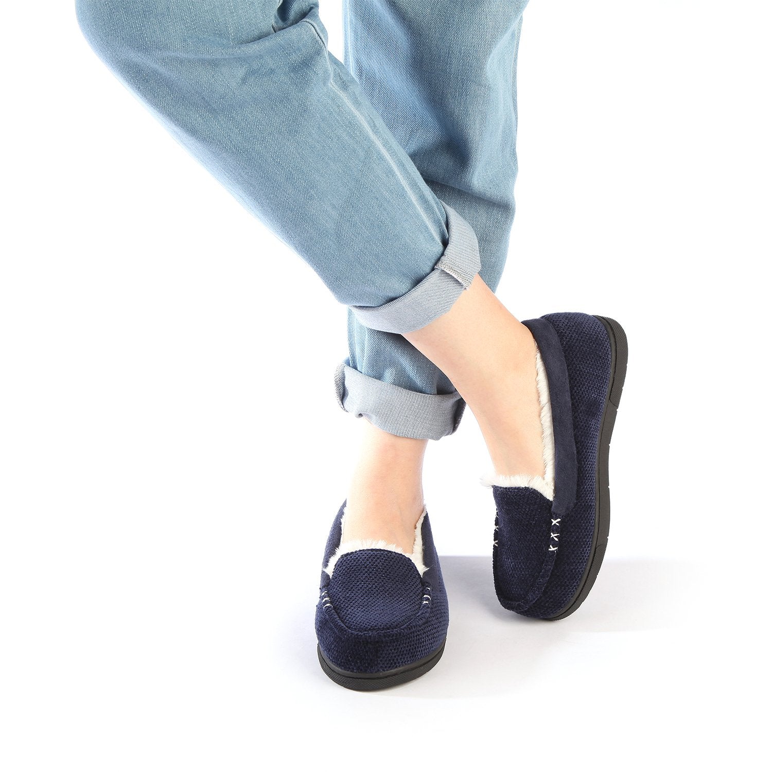 Women's Cozy Chenille Faux Fur Lined Moccasin Slippers - Soft Indoor House Shoes for Winter Comfort & Warmth - Perfect for Lounging at Home, Relaxing by the Fireplace, and Cold Weather Wear