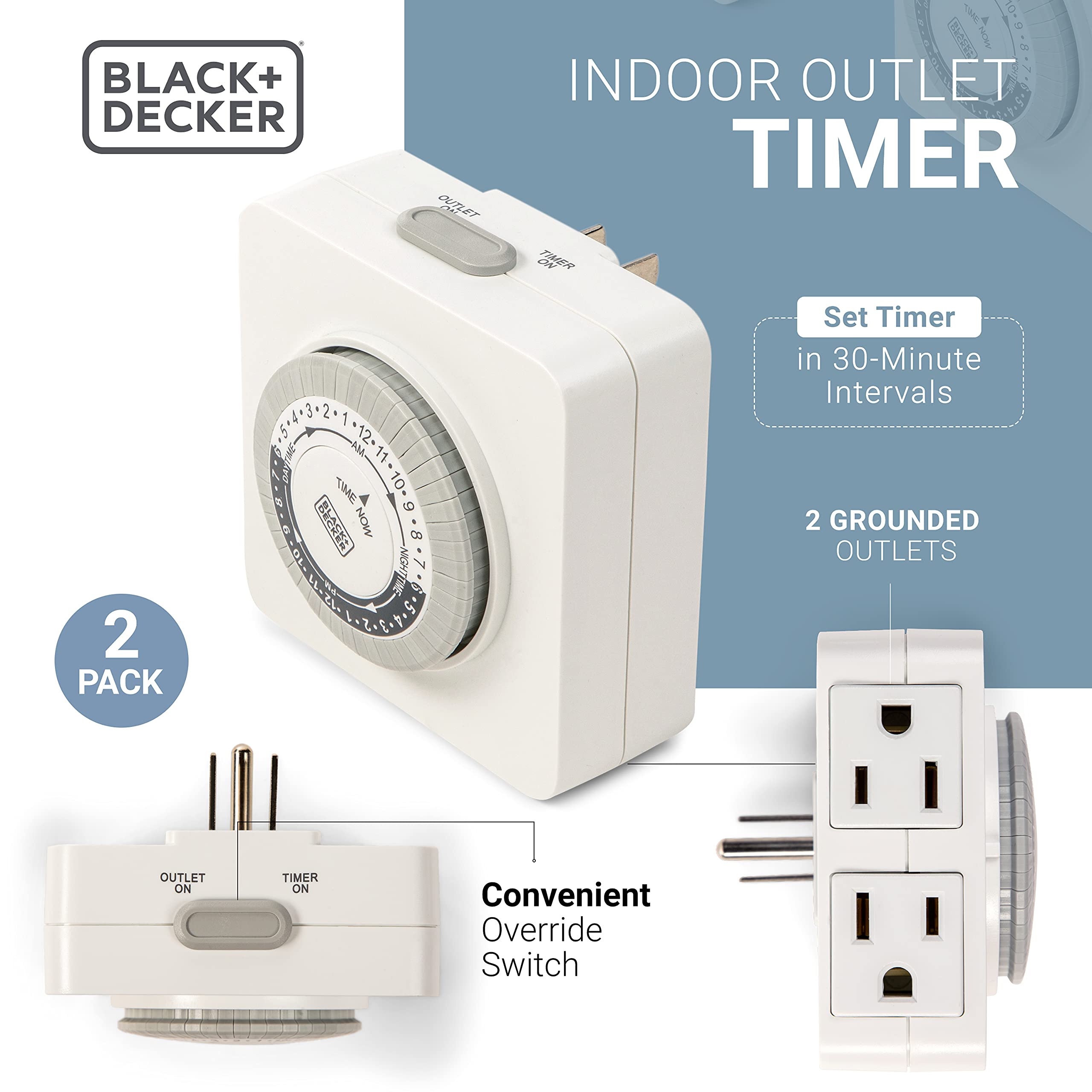 BLACK+DECKER Programmable Light Timer - 2 Pack Indoor Analog Outlet Timer with 2 Grounded Outlets, 30-Minute Intervals & Override Switch for Lamps, Christmas Lights & Small Appliances | Perfect for Home Automation, Energy Savings & Vacation Lighting