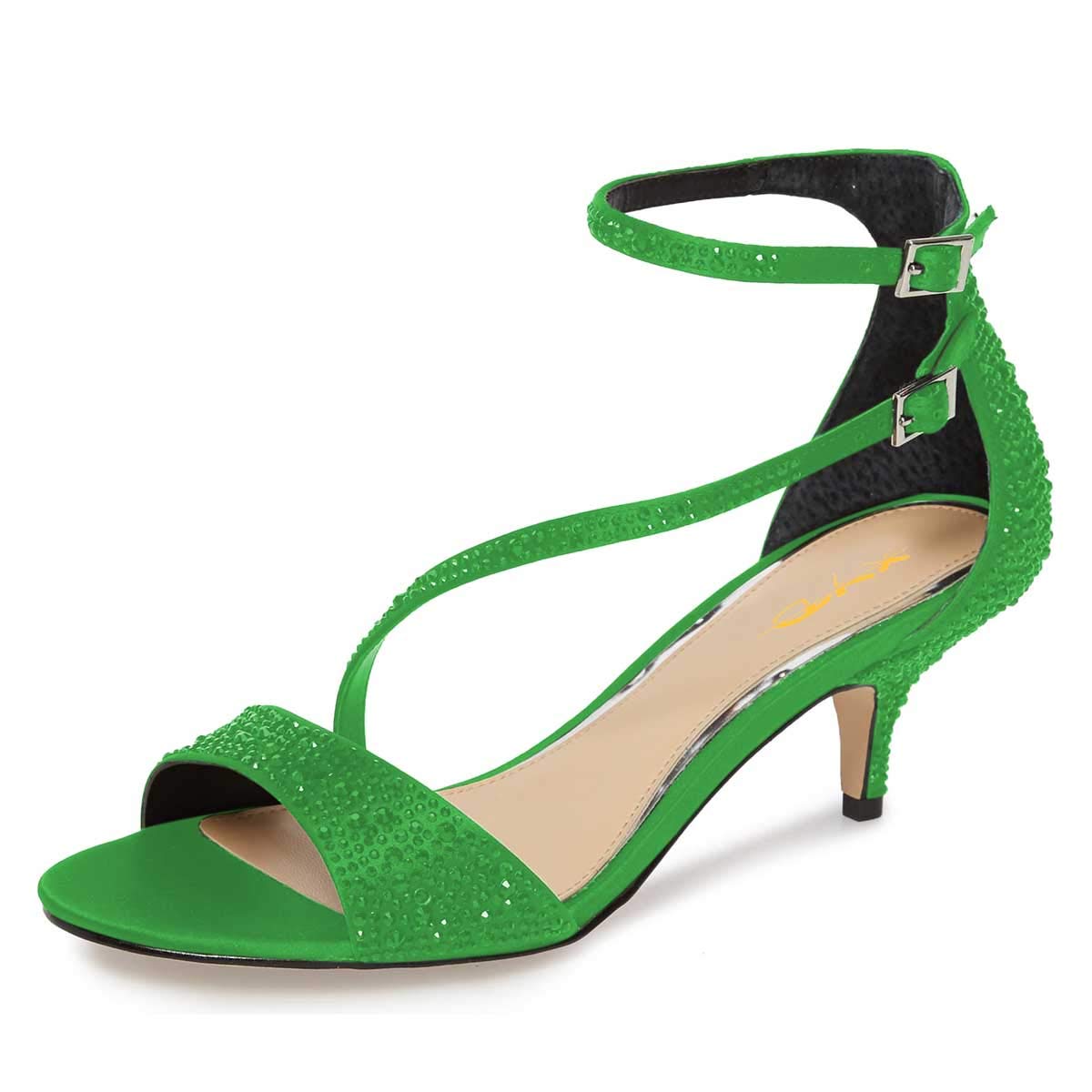 XYD Women's Satin Rhinestone Low Kitten Heel Sandals - Ankle Strap Open Toe Dress Shoes for Party, Prom, Wedding & Evening Events - Comfortable & Stylish Women's Fashion Pumps