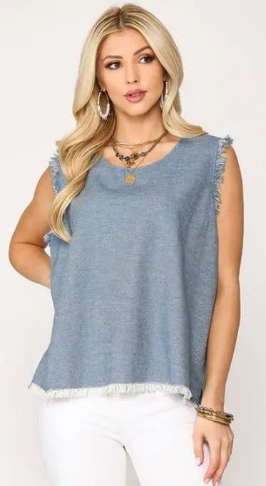 Distressed Denim Sleeveless Top with Frayed Hem - Women's Casual Summer Fashion for Beach, Music Festivals & Street Style