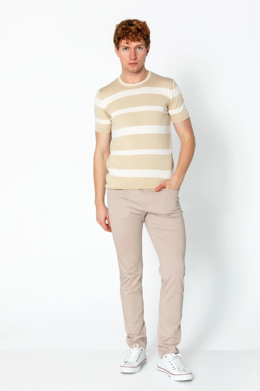 RNT23 Striped Knit T-Shirt Beige - Soft & Comfortable Casual Top for Women | Perfect for Everyday Wear, Layering & Outfits