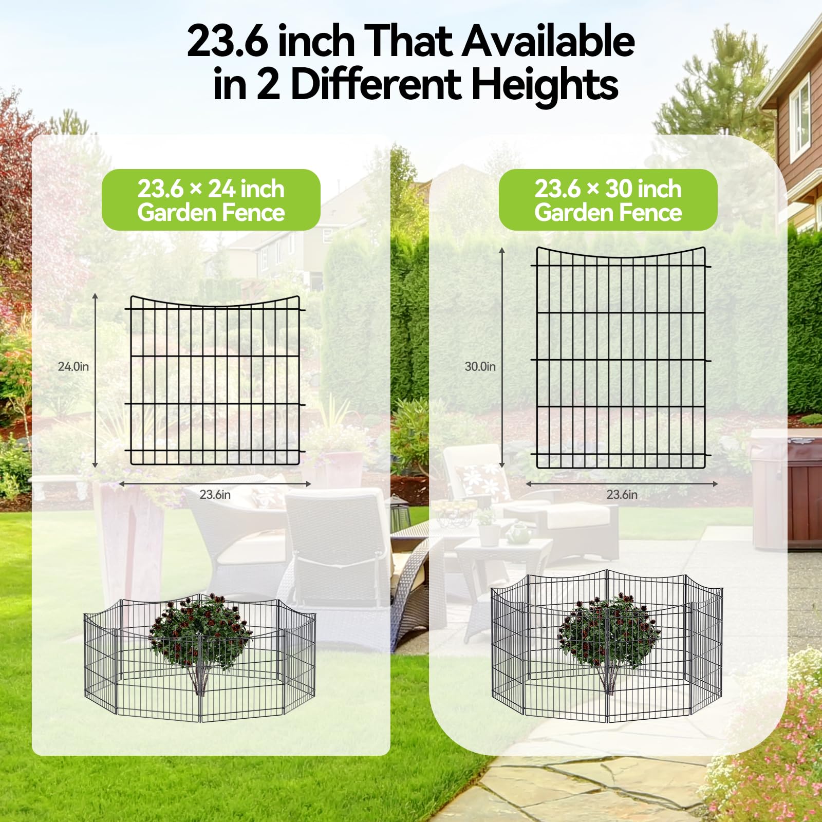 INJOPEXI 6-Panel Decorative Garden Fence - 11.8ft Length × 24in Height, Rustproof Metal Wire No-Dig Temporary Fencing with Gate - Ideal for Rabbit, Dog, and Animal Barrier in Yard, Outdoor Patio, and Garden Protection