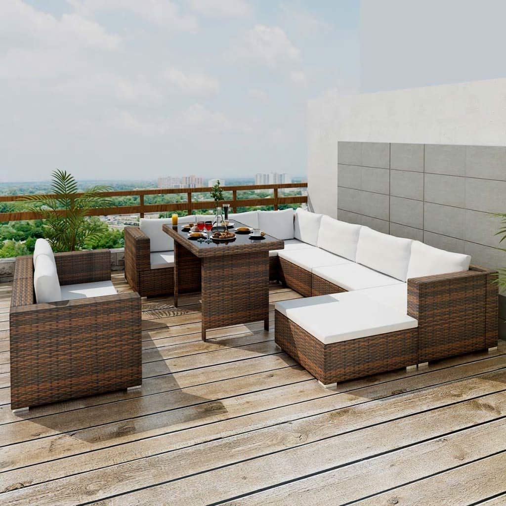 10-Piece All-Weather Outdoor Patio Furniture Set - Brown Poly Rattan Sectional Sofa with Cushions & Coffee Table - Perfect for Yard, Garden, Poolside, Deck or Backyard Relaxation