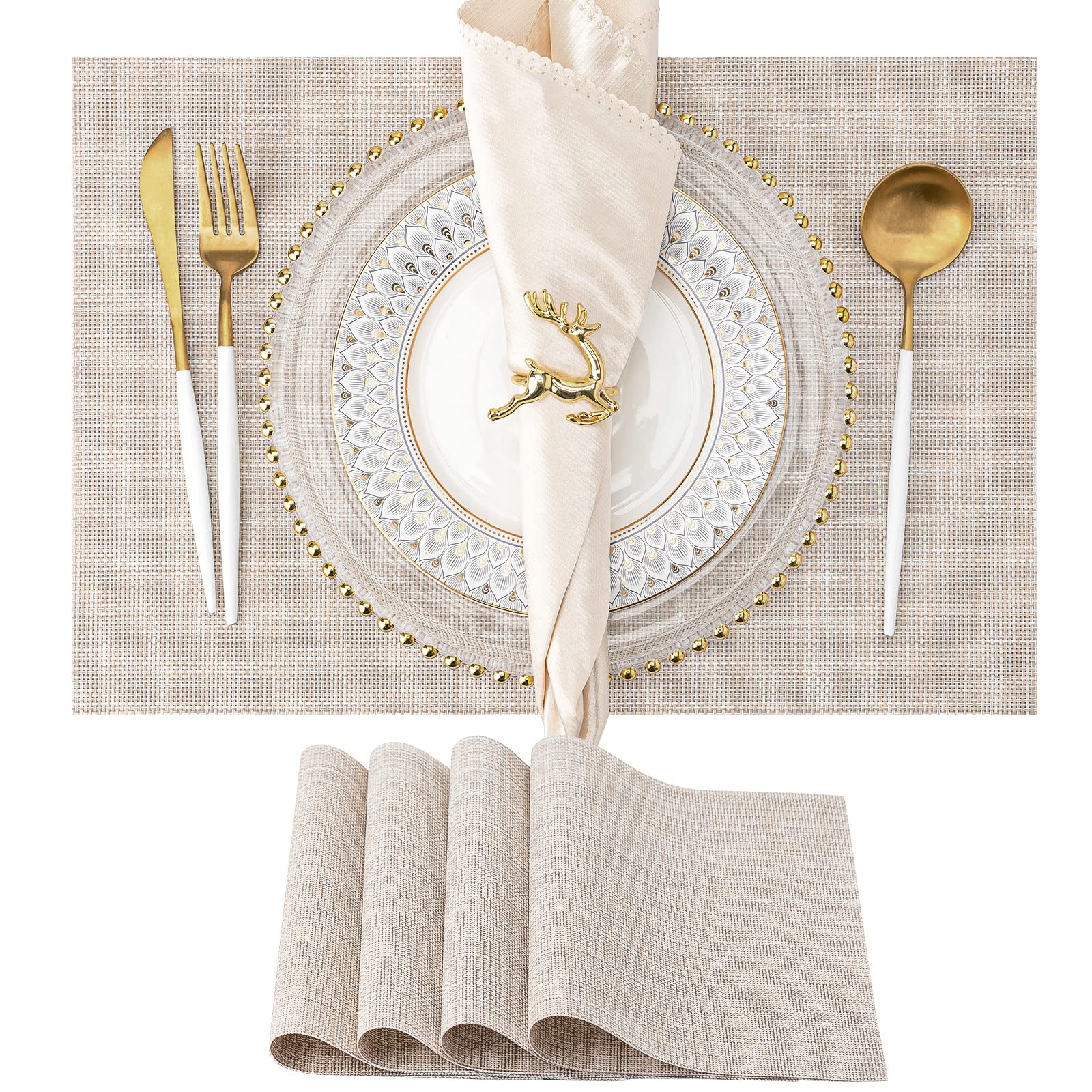 4-Pack Washable Vinyl Placemats for Dining Table - Indoor/Outdoor PVC Woven Table Mats (Beige) - Perfect for Kitchen, Patio, Picnic & Everyday Use