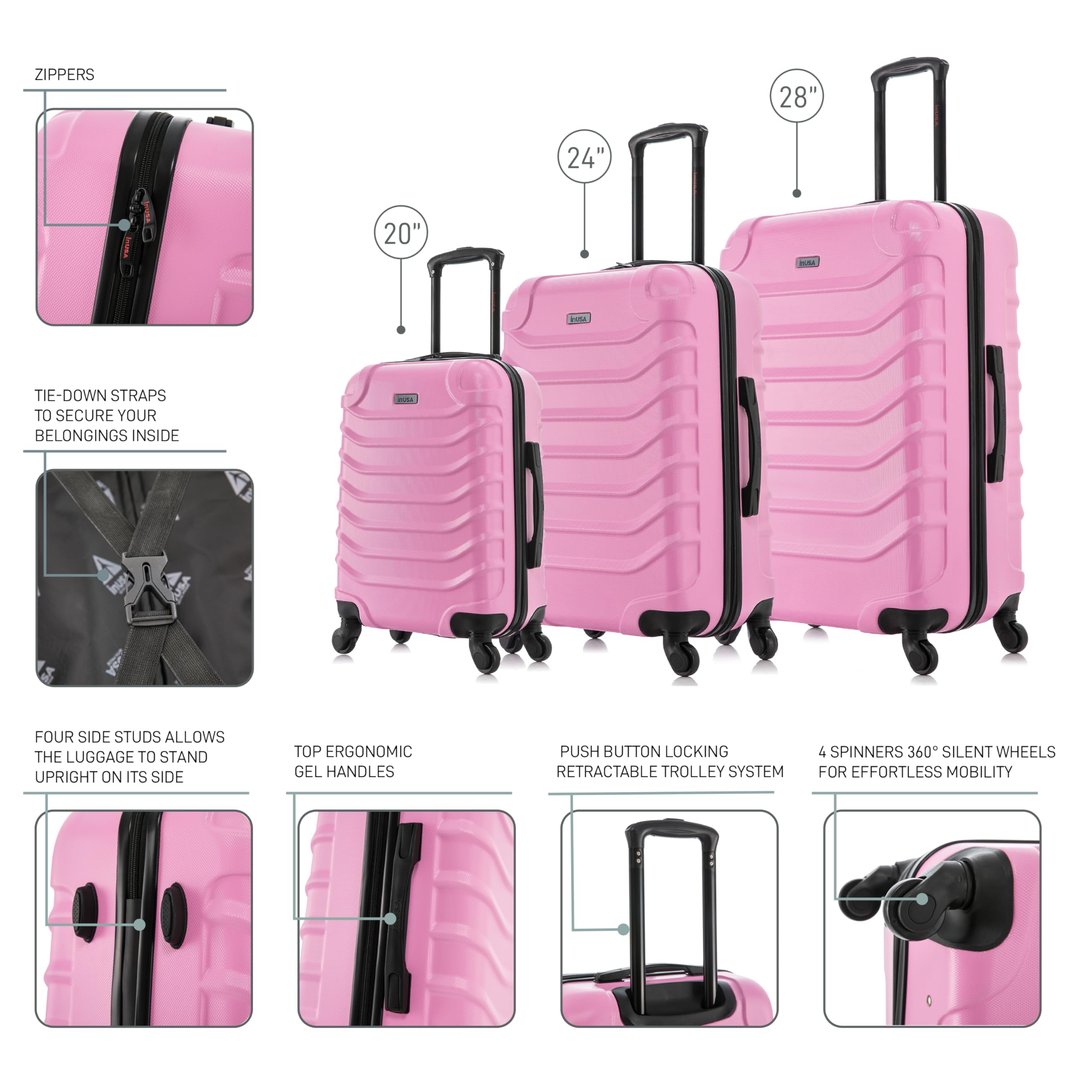 InUSA ENDURANCE 3-Piece Lightweight Hardshell Luggage Set with Spinner Wheels (20in, 24in, 28in) - Durable Expandable Suitcase with Trolley Handle for Air Travel, Business Trips & Family Vacations - Pink