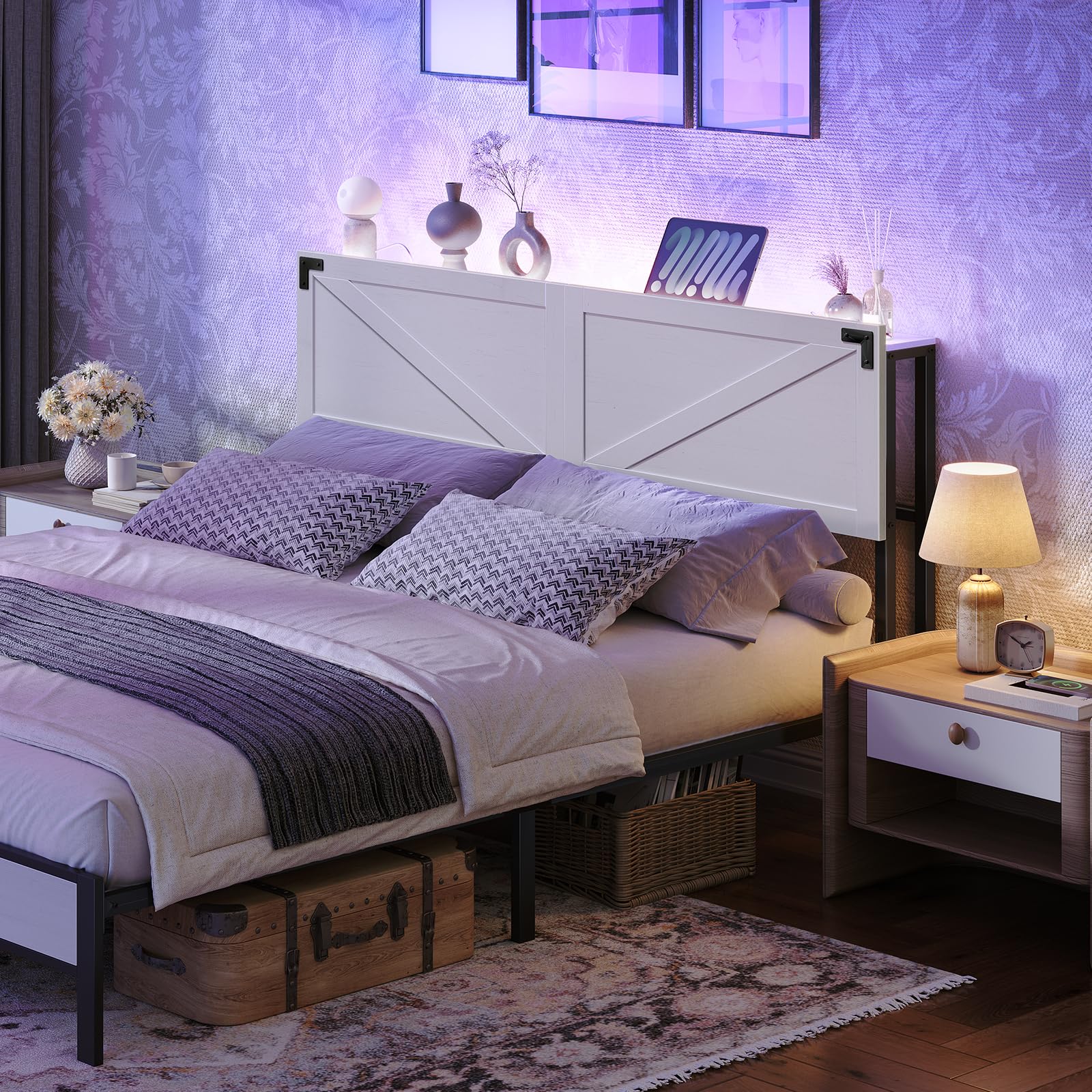 Queen Size Headboard with 2 Outlets & 4 USB Ports - Farmhouse Style LED Headboard with Secure Storage & Bed Frame Adapter - White & Black - Perfect for Bedroom Upgrade & Modern Farmhouse Decor