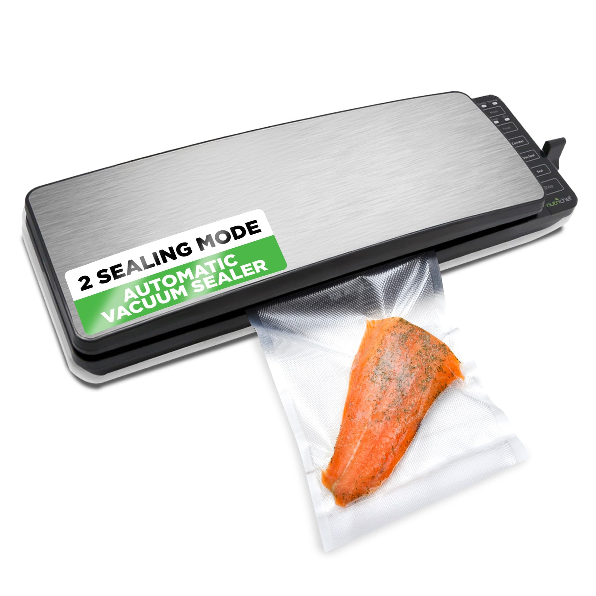 NutriChef PKVS35STS 110W Automatic Food Vacuum Sealer Machine with 2 Seal Modes - Stainless Steel Vacuum Sealer for Meat, Sous Vide, Meal Prep & Food Preservation - Includes Vacuum Roll Bags & Air Hose - Perfect for Kitchen, Camping & Bulk Food Storage