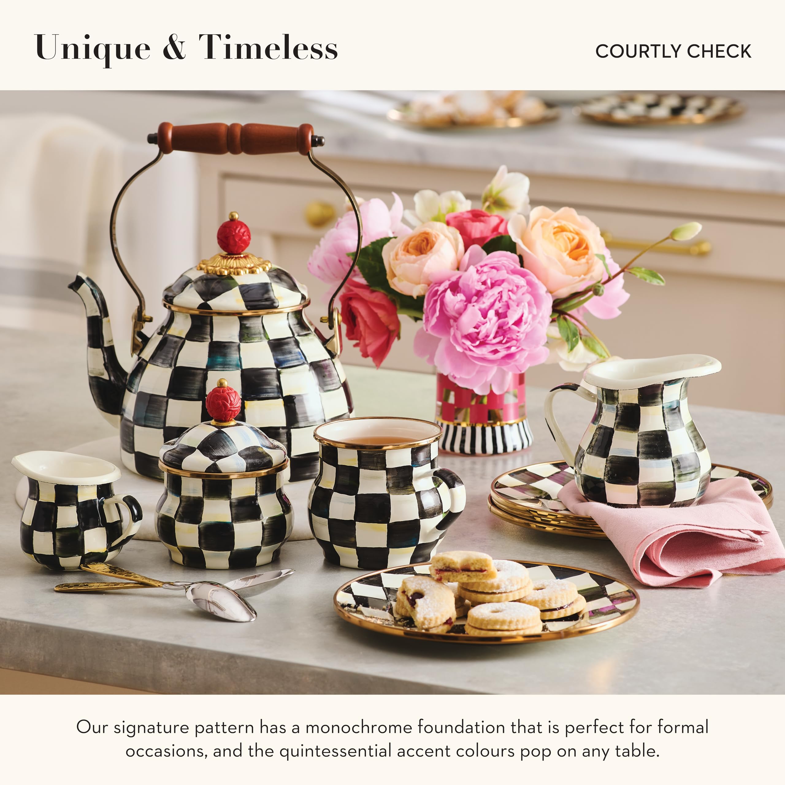 MACKENZIE-CHILDS 3-Quart Enamel Tea Kettle - Black-and-White Courtly Check Stovetop Kettle for Tea Lovers | Perfect for Kitchen, Home Decor & Gift Giving