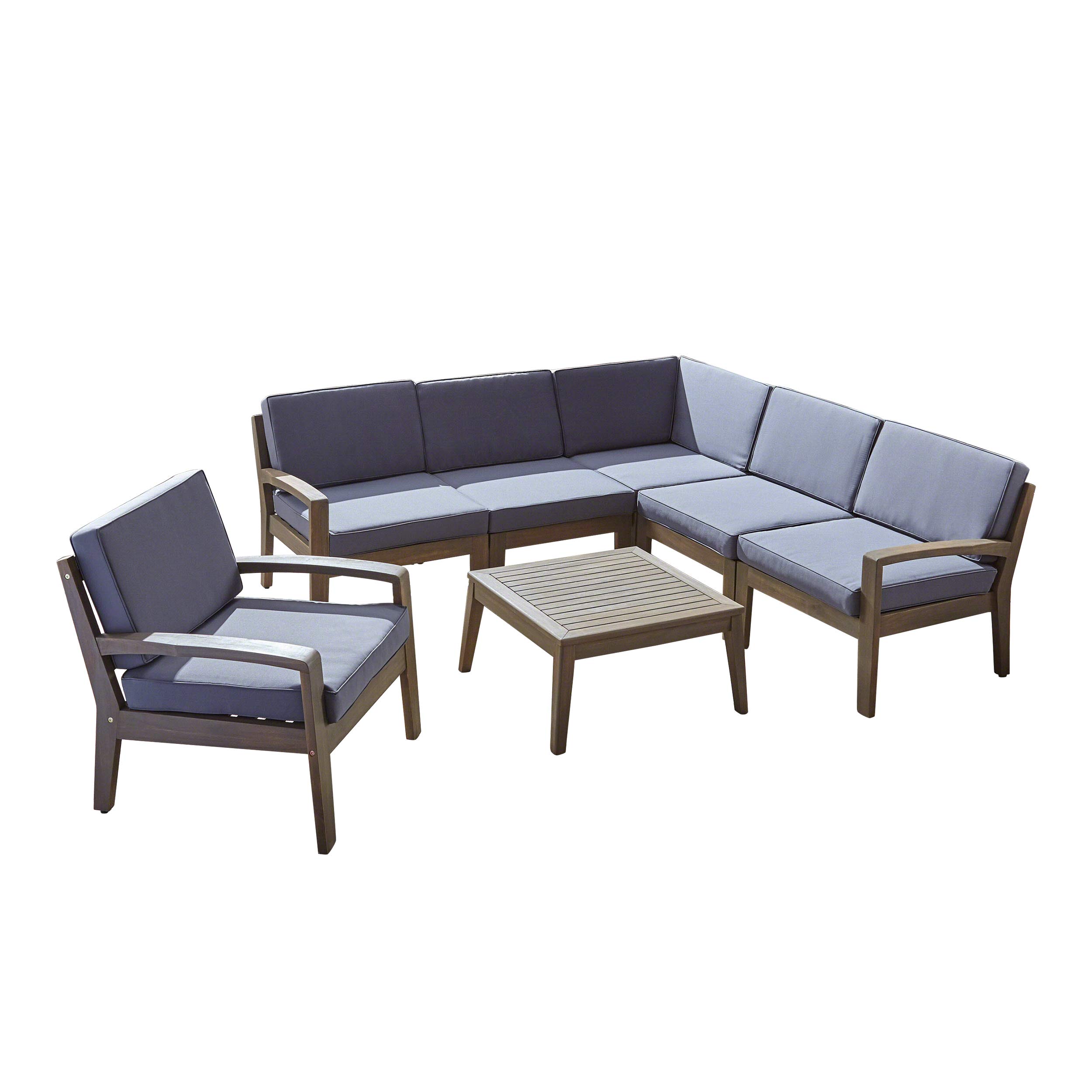 Premium Acacia Wood 6-Piece Outdoor Sectional Sofa Set with Coffee Table - Gray & Dark Gray Weather-Resistant Patio Furniture for Backyard, Poolside & Garden Relaxation