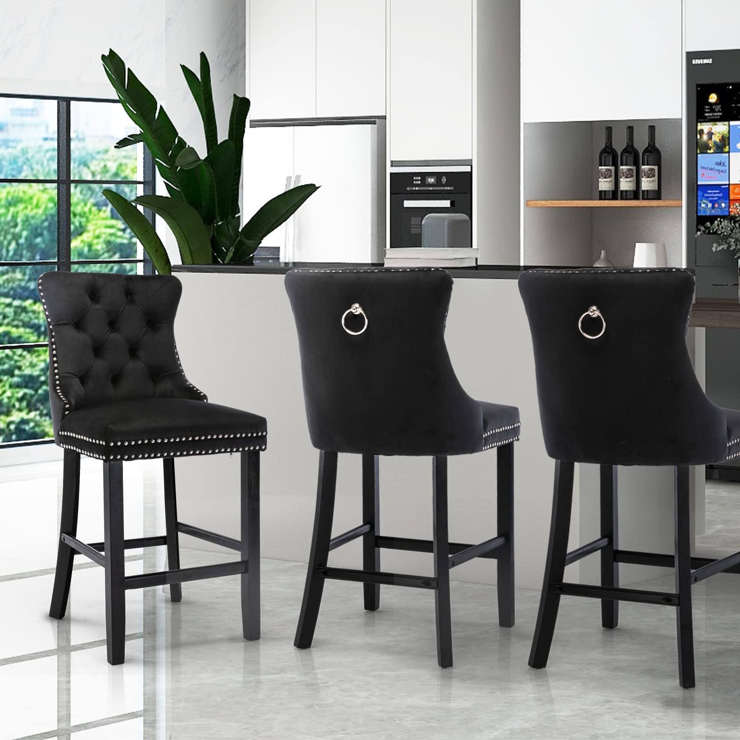 SoarFlash Modern Velvet Upholstered Bar Stools Set of 2 - Wooden Legs, Button Tufted Design with Chrome Nailhead Trim, Armless Counter Height Stools for Kitchen Island, Breakfast Bar or Home Decor (Black)