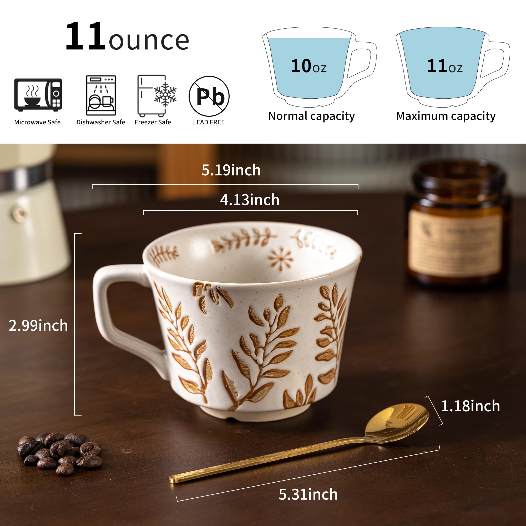 Premium 11 oz Ceramic Coffee Mugs Set of 4 with Luxury Spoons - Stoneware Cups for Coffee, Tea, Latte & Cappuccino - Dishwasher & Microwave Safe - Perfect for Office, Home Use or as Birthday Gifts