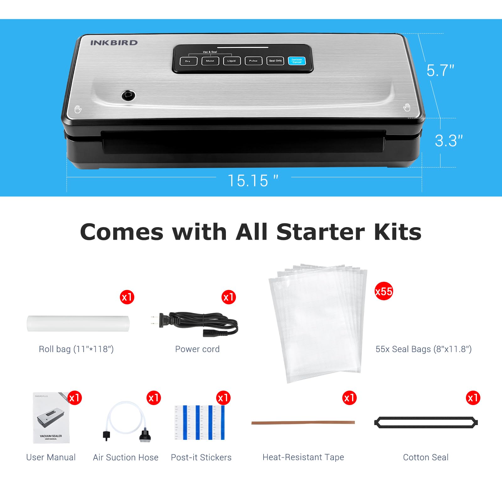 INKBIRD Vacuum Sealer Machine with 55pcs 8x12
