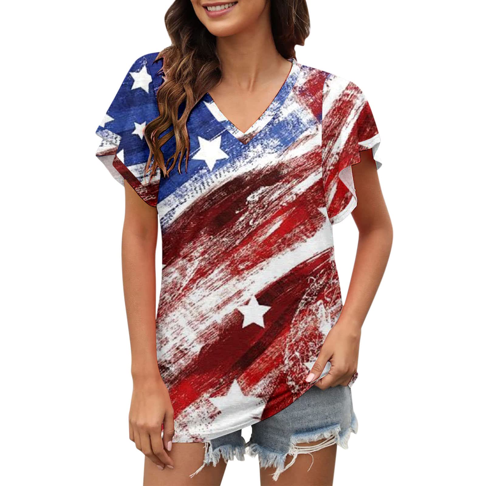 iOPQO Women's Fashion Print V-Neck Summer Pleated Sleeve Casual T-Shirt - Pink & White Tops for Women (Size M) | Perfect for Beach Outings, Date Nights & Summer Vacations