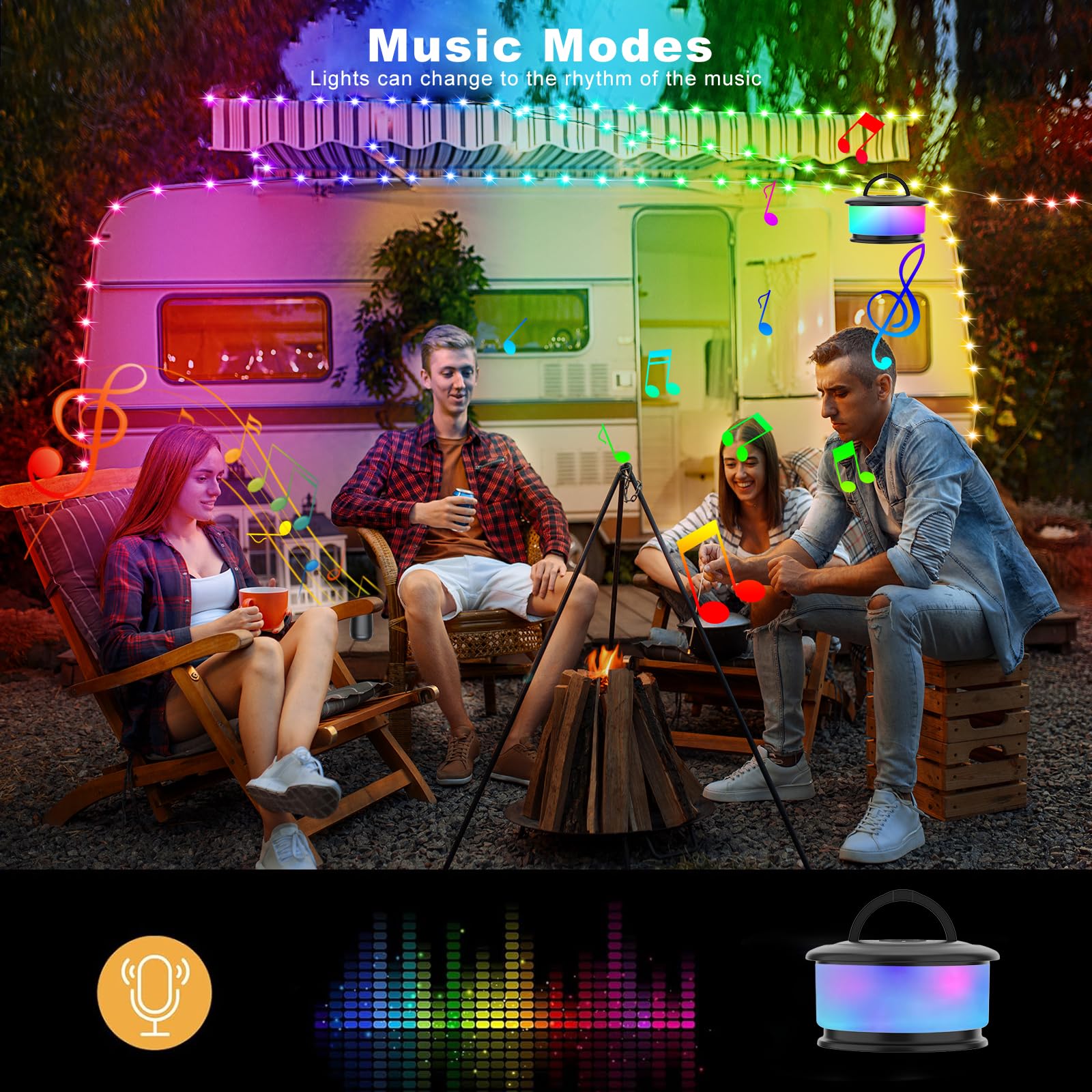 **19 Lighting Modes 32.8FT Rechargeable Camping String Lights - Outdoor Retractable LED Tent Lights for Camping, Party, Christmas & Backyard Decor (Black)**    **Perfect for:** Camping trips, garden parties, holiday decorations, backyard gatherings, and cozy outdoor ambiance.