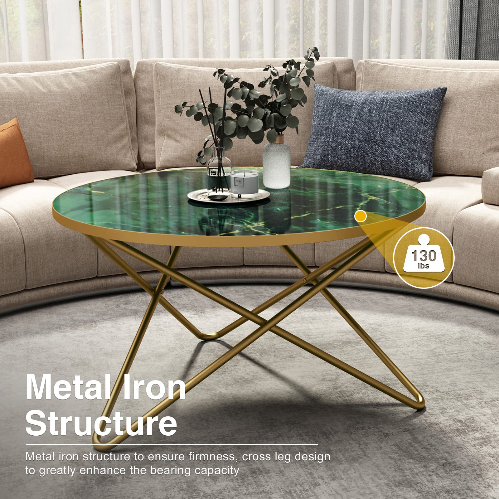 Round Coffee Table with Green Faux Marble Top - Modern Living Room Centerpiece for Small Spaces & Apartments