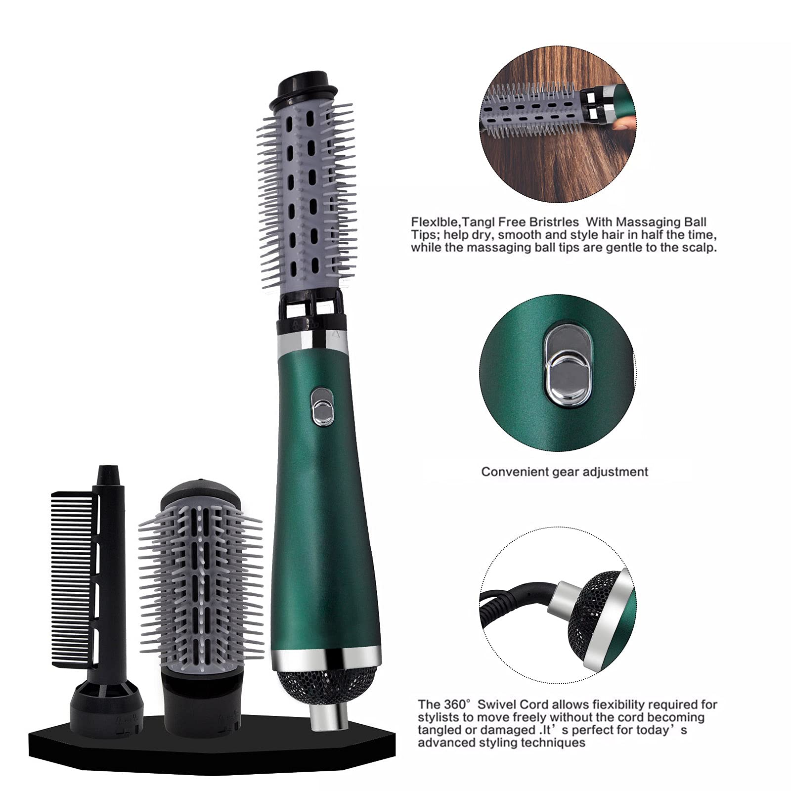 3-in-1 Multifunctional Hair Dryer & Straightener Comb - Hot Air Styling Tool with 3 Replaceable Comb Heads for Frizz-Free, Smooth Hair | Portable Blow Dryer for Home & Travel (Dark Green, EU Plug) - Perfect for Daily Styling, Salon-Like Results at Home, and On-the-Go Hair Care