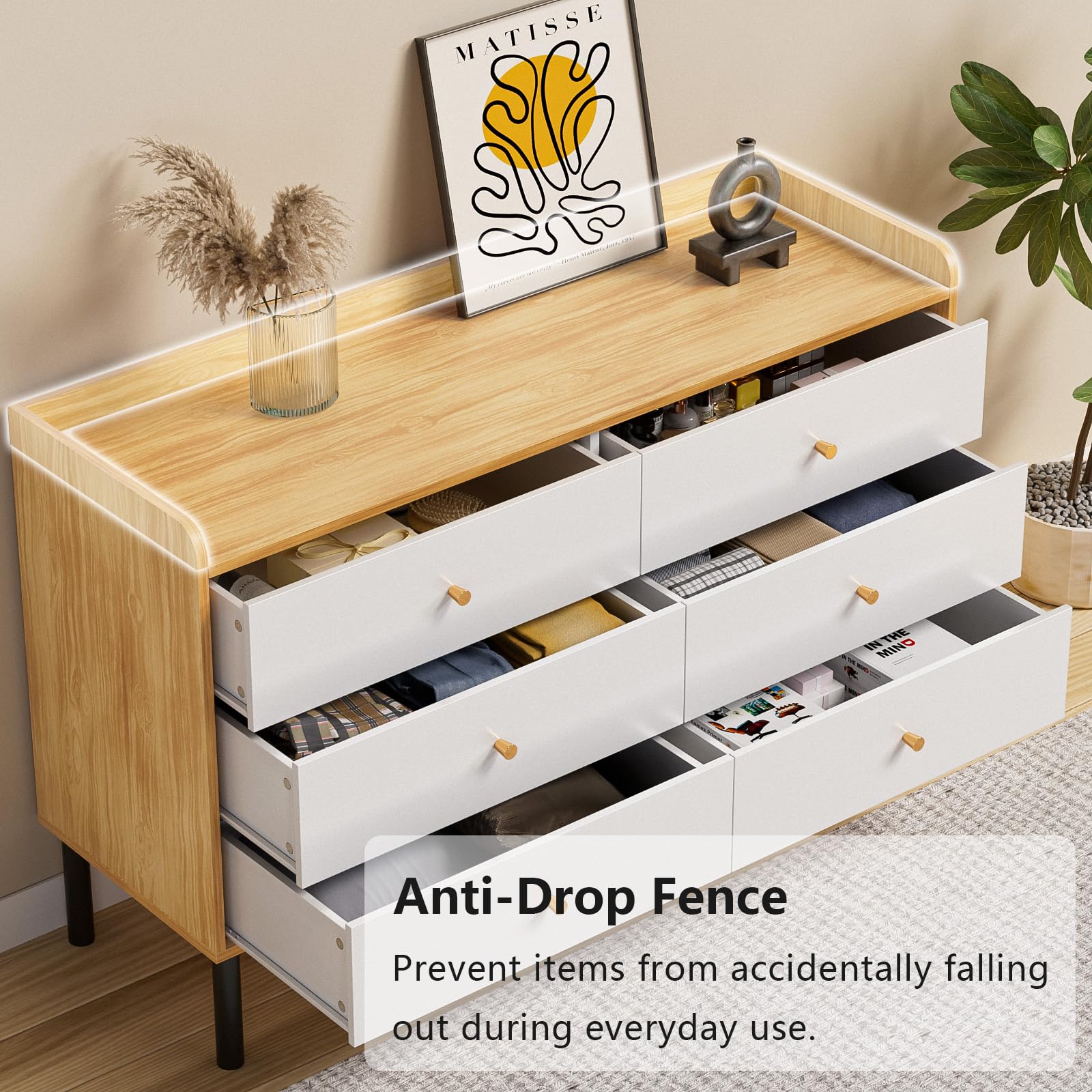 LYNSOM 6-Drawer Natural Wood Dresser for Bedroom - Modern Wide Drawer Storage with Metal Handles - Sturdy Chest of Drawers for Hallway, Entryway, Living Room & Bedroom Organization