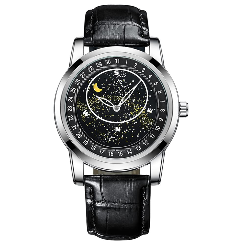 Luxury Men's Automatic Mechanical Watch with Rotating Gypsophila Dial - Waterproof Leather Strap, Calendar Function | Perfect for Business, Formal Events & Everyday Wear