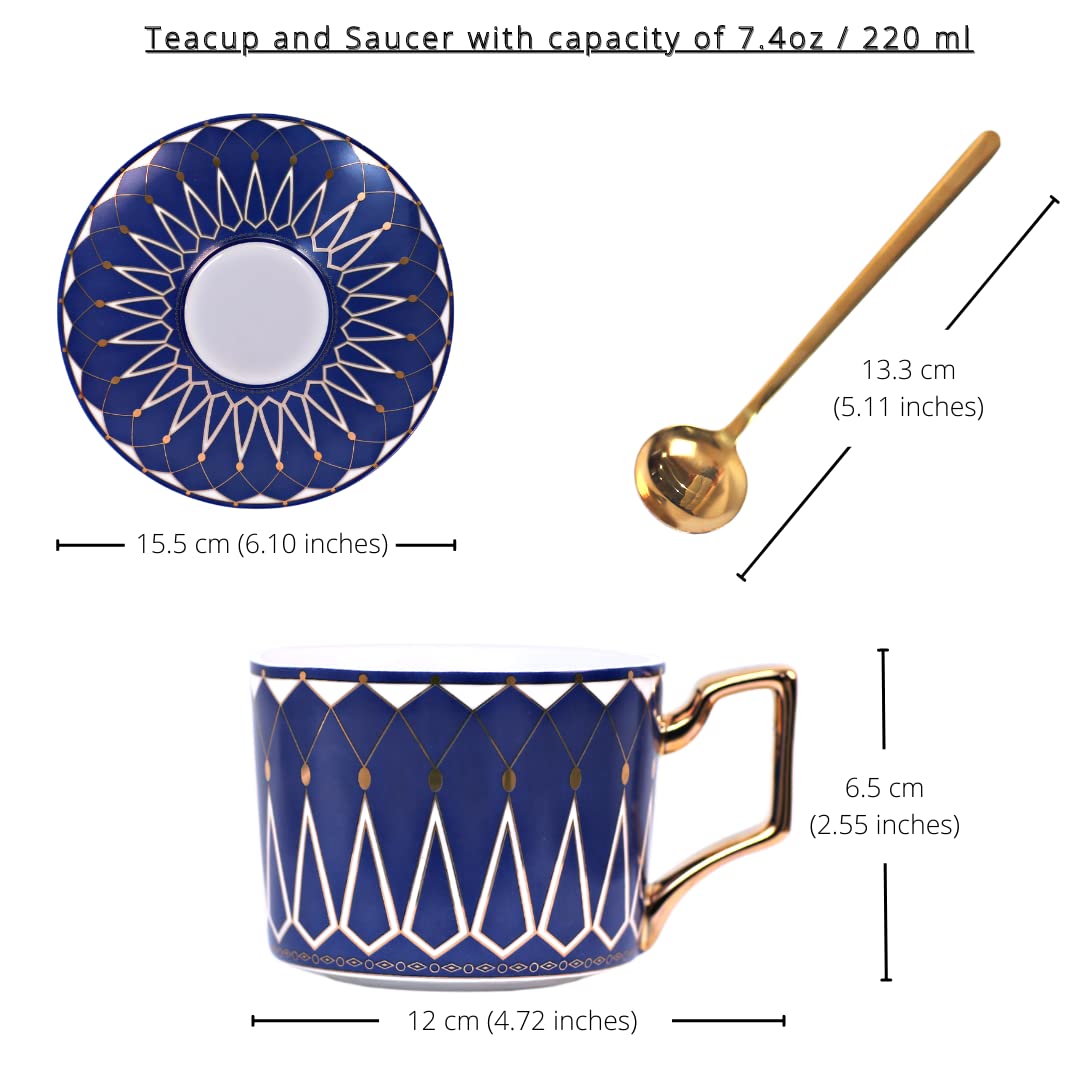 Premium Ceramic Bone China Tea & Coffee Cup Set - 220ml/7.4oz Cups with Matching Saucers & Spoons - Elegant Cappuccino, Espresso & Turkish Tea Mugs - Perfect Holiday Gift for Home, Office & Cafe Use