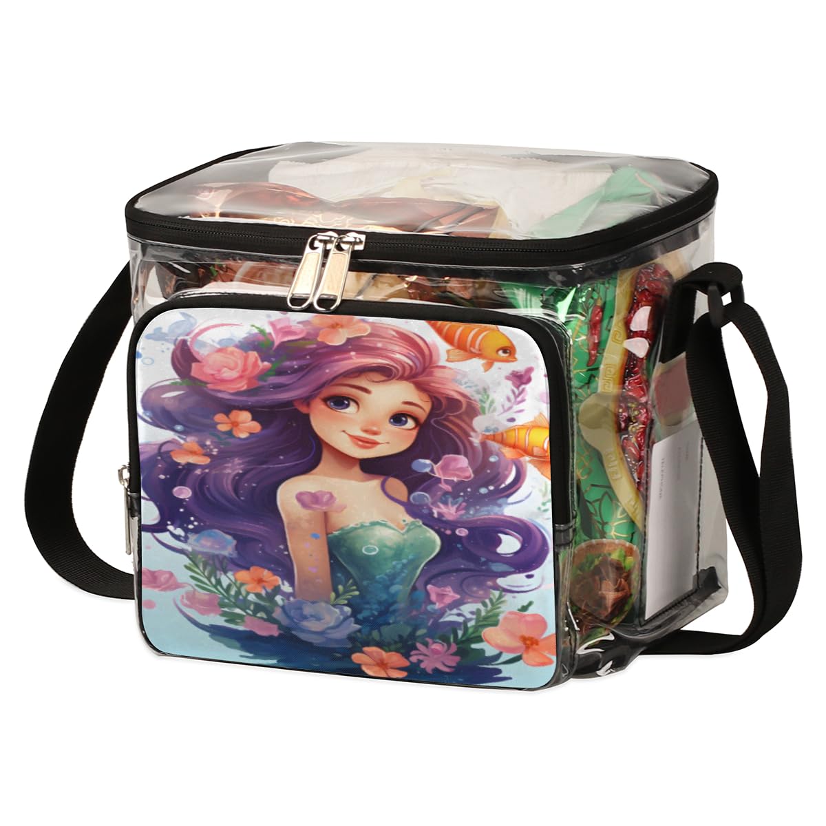 GzLeyigou Mermaid Print Clear Tote Bag with Handles - Transparent Crossbody Shoulder Bag for Women, Gold Fish Design Lunch Bag - Perfect for Beach, Travel, Picnic, Concerts, Sports Events & Stadium Approved (Multi-Color)