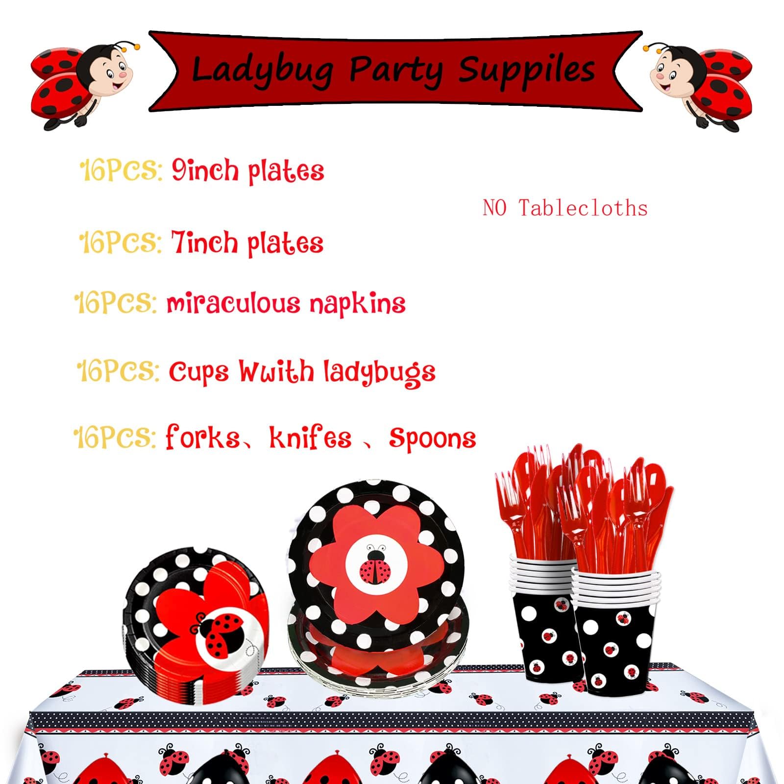 Ladybug Birthday Party Decorations Set - Cute Ladybug Theme Balloons, Banner, Plates, Napkins, Cups, Forks, Knives, Spoons & Cake Topper - Red & Black Ladybird Party Supplies for Kids Birthday, Baby Shower & Themed Events