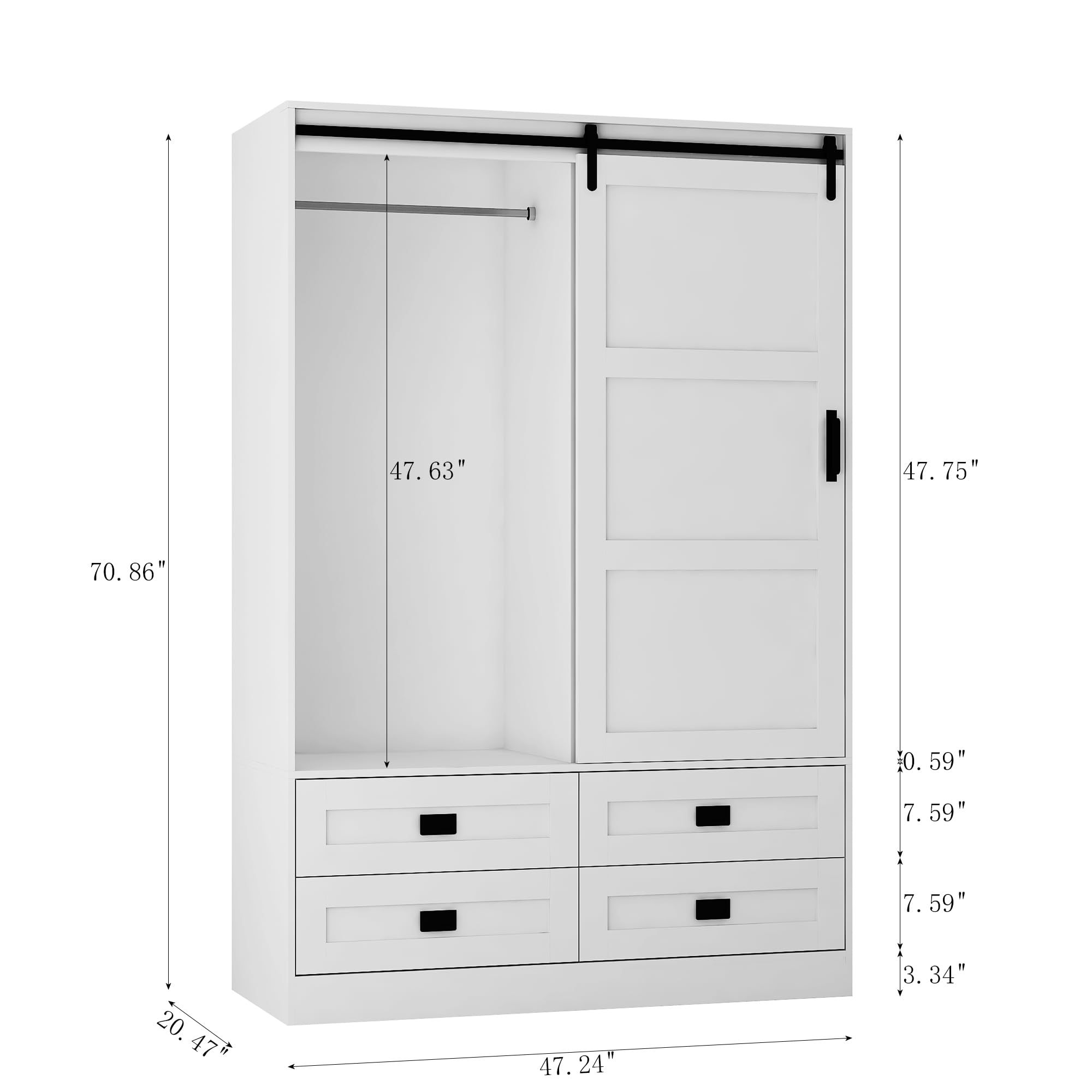 Tall Armoire Wardrobe Closet for Bedroom - Freestanding Wooden Clothing Storage Cabinet with Hanging Rod, Barn Doors, Drawers & Open Shelves - White (Style 1) - Perfect for Master Bedroom, Guest Room or Walk-in Closet Organization