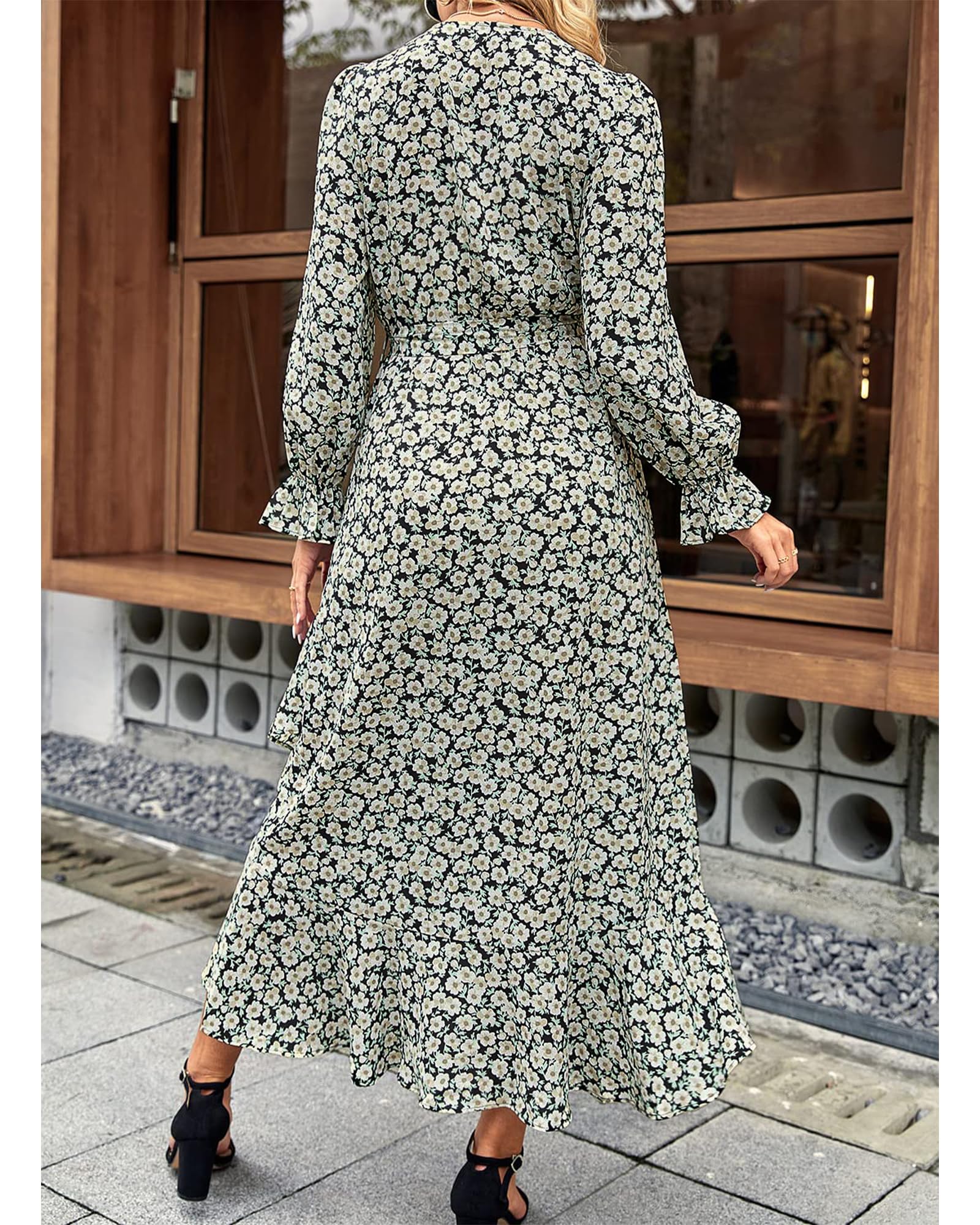 BTFBM Women's Long Sleeve Floral Dress V-Neck High Waist Ruffle Boho Maxi Dress for Spring Summer 2025 | Wedding Guest, Garden Party, Date Night Outfit