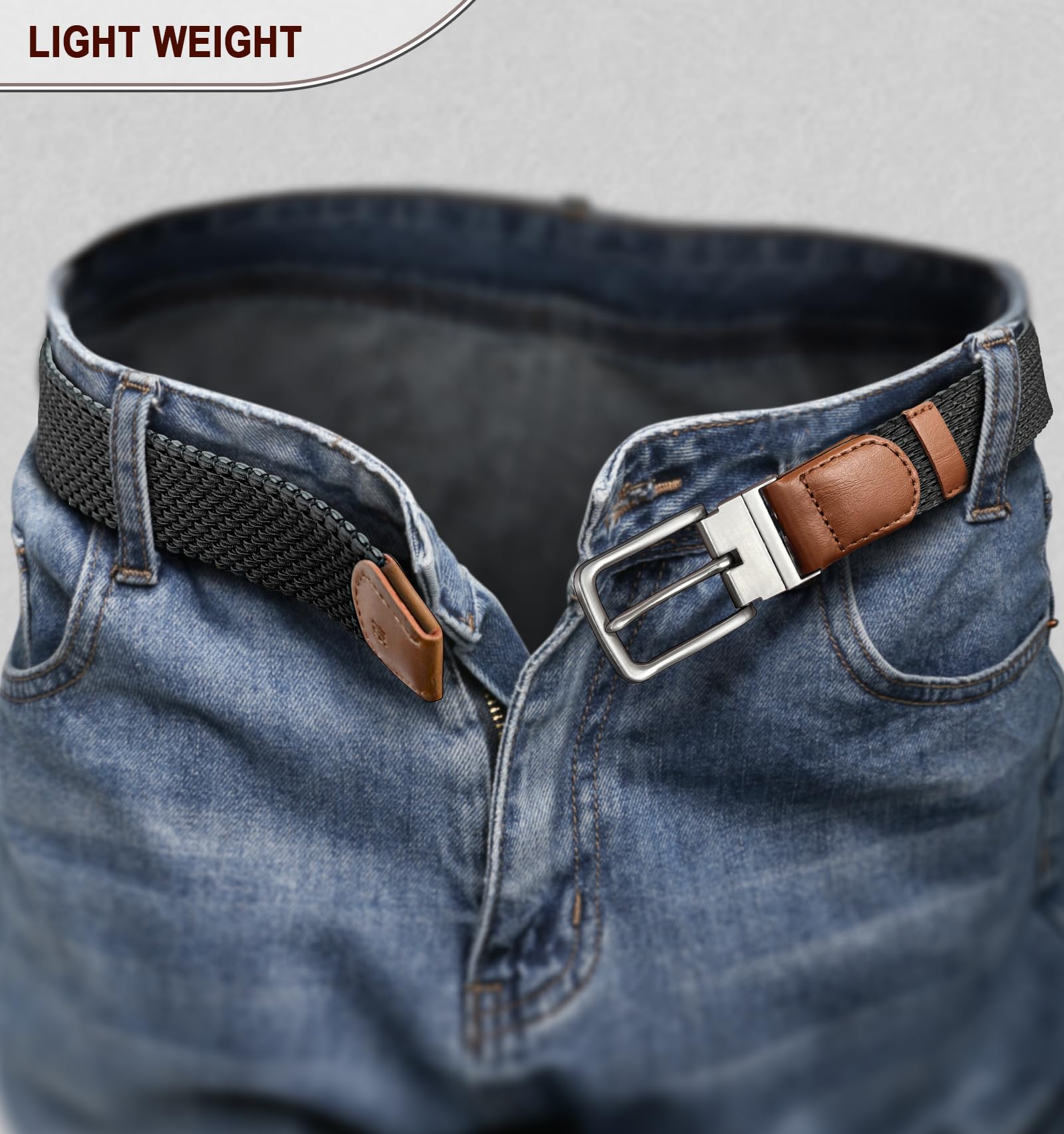 KEMISANT Reversible Braided Belt for Men - Stretchable Elastic Golf & Casual Belt - 2-in-1 Design (1 3/8