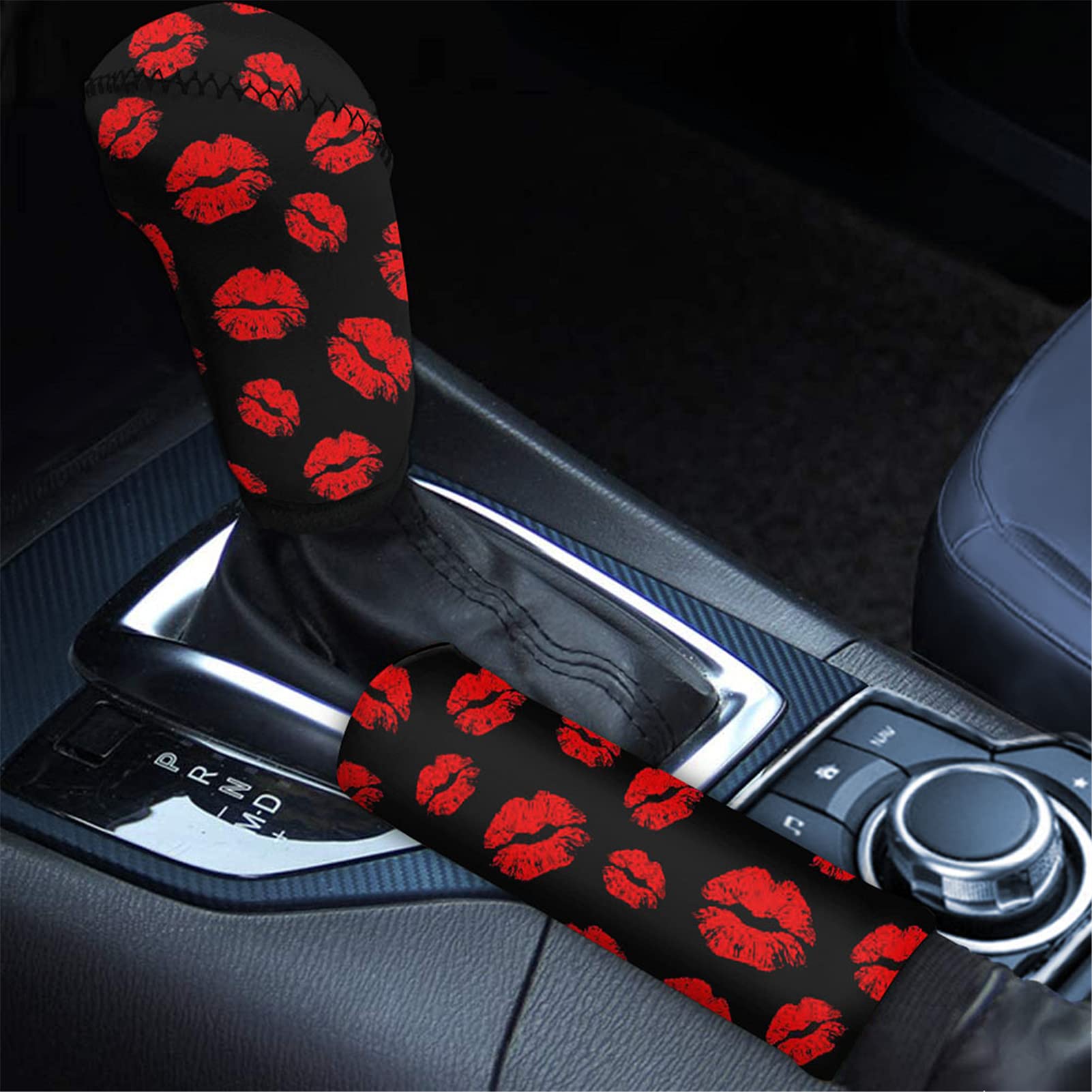 JEOCODY Red Lips Handbrake Cover & Gear Shift Knob Set - Car Interior Accessories for Women, Auto Styling Decor (Perfect for Valentine's Day Gifts & Car Makeovers)