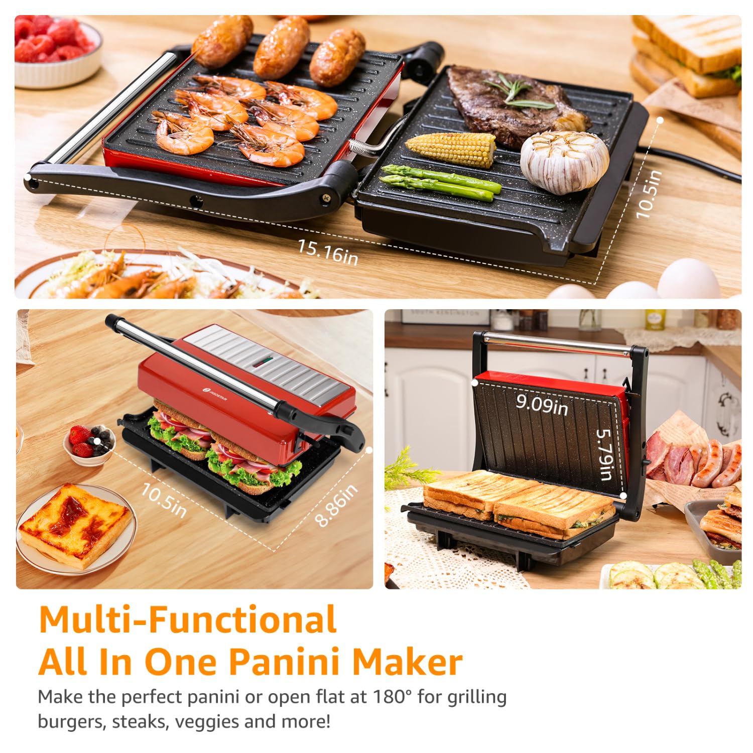 Aigostar 1000W Electric Panini Press Grill - 3-in-1 Sandwich Maker with Ceramic Non-Stick Plates, 180° Adjustable Lid for Any Size Food, Drip Tray & Locking Handle (Red) | Perfect for Home, Office & Restaurant Use - Make Paninis, Sandwiches, Quesadillas & More