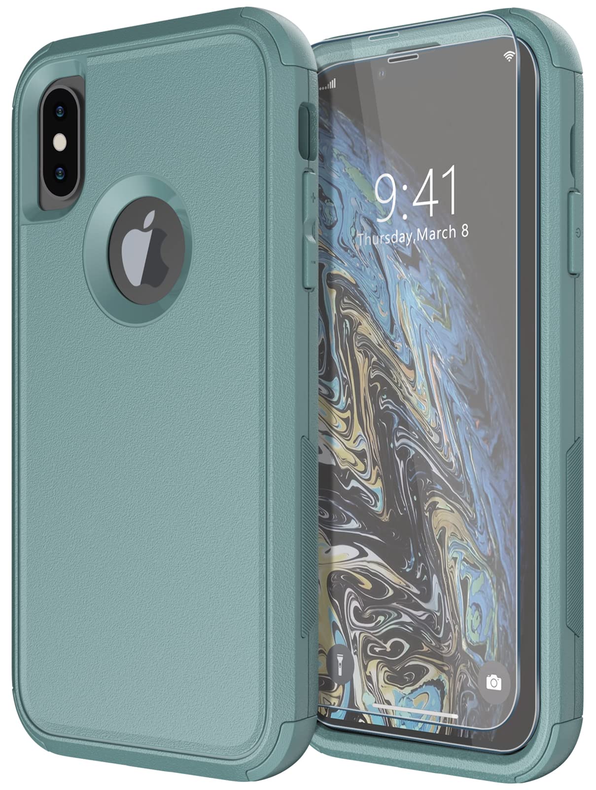 **Shockproof & Drop-Proof Heavy Duty iPhone X/XS Case with Tempered Glass Screen Protector – Pine Green | Perfect for Outdoor Adventures, Work & Travel**