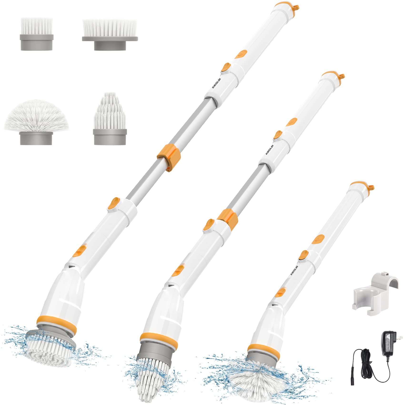KIKOLIN Cordless Electric Spin Scrubber - 380RPM High Speed Power Scrubber with 4 Replaceable Brush Heads & Adjustable Long Handle - 2-Speed Cleaning Brush for Bathroom, Tub, Shower, Tiles, Grout and Floor Cleaning - Perfect for Deep Cleaning Hard-to-Reach Areas