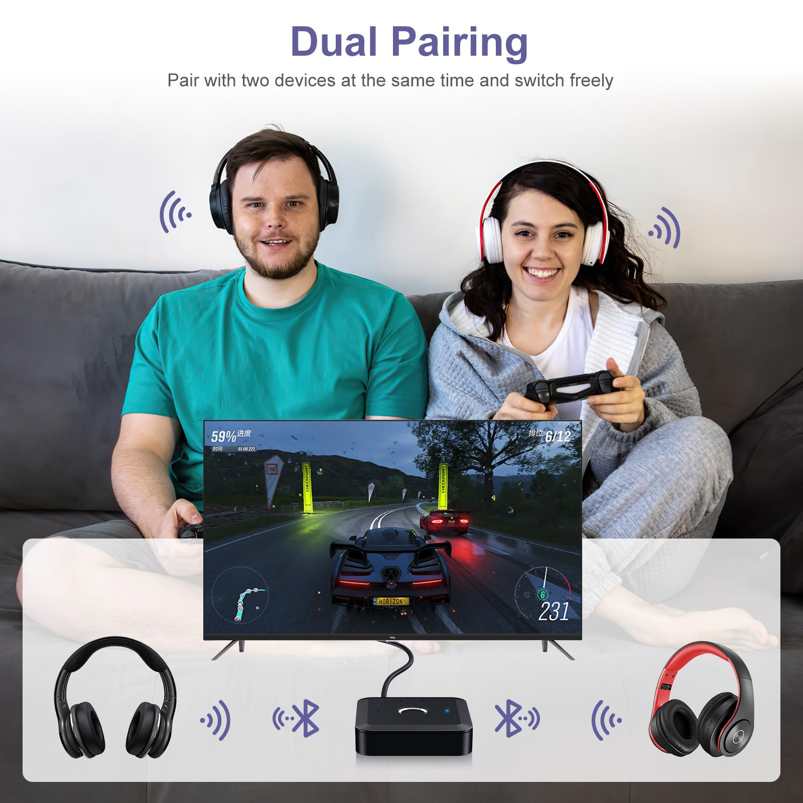 JXTZ Bluetooth 5.2 Transmitter Receiver with aptX Low Latency HD Audio, Dual Connect Wireless Adapter, 3.5mm AUX Output for Car Speakers, Headphones, TV, Airplane, and Home Entertainment