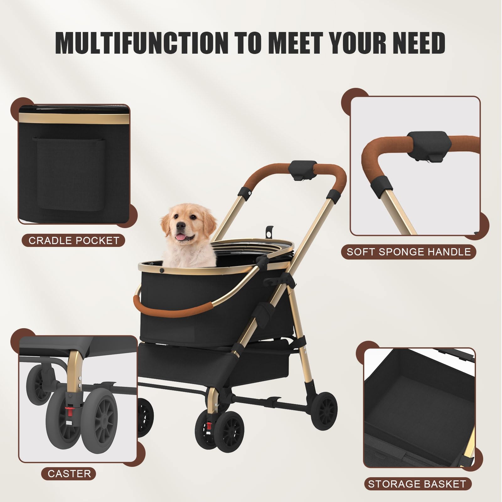 Premium Dog Stroller for Medium & Small Dogs Up to 30 lbs - Foldable Cat Carrier with Detachable Pet Bag & Storage Basket - Perfect for Outdoor Walks, Vet Visits, and Shopping Trips