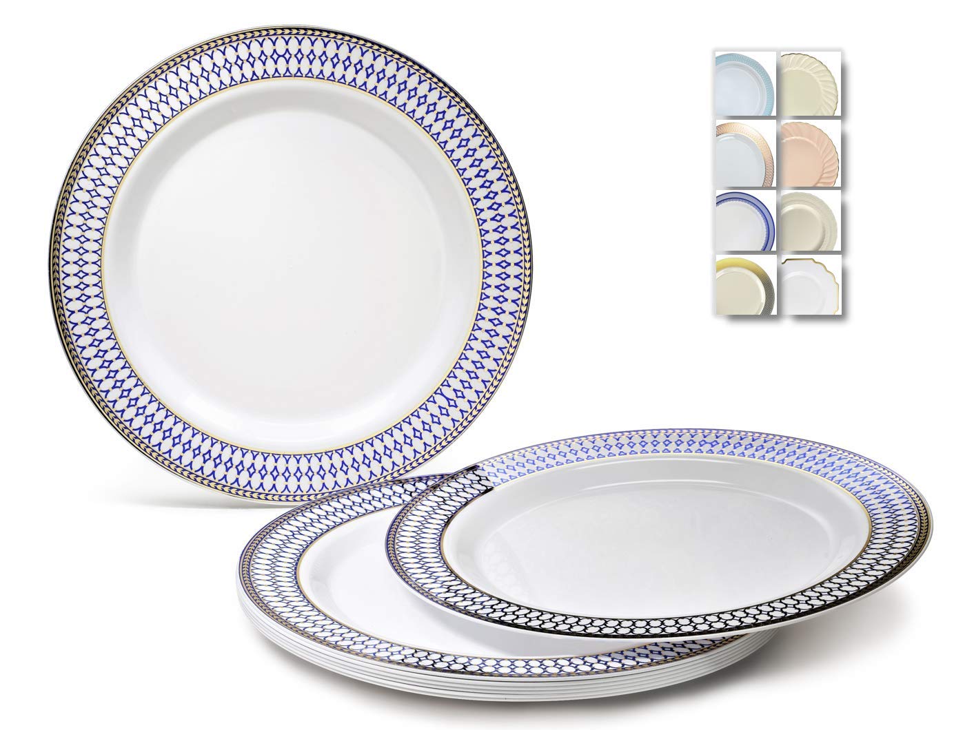 120-Pack Heavyweight Disposable Plastic Plates for Weddings & Parties - 7.5'' Appetizer/Dessert Plates in Elegant White, Blue & Gold - Perfect for Catering, Birthday Celebrations & Holiday Gatherings