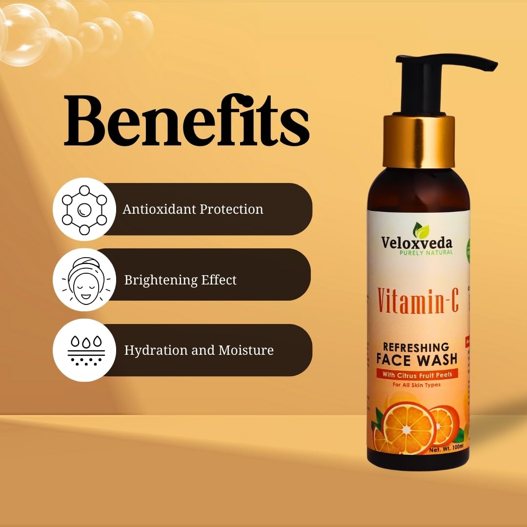 VeloxVeda Vitamin C Face Wash for Women & Men - Natural & Organic Glowing Skin Cleanser | Cruelty-Free, Paraben & SLES Free, 100ml | Daily Skincare Routine for Bright & Healthy Complexion