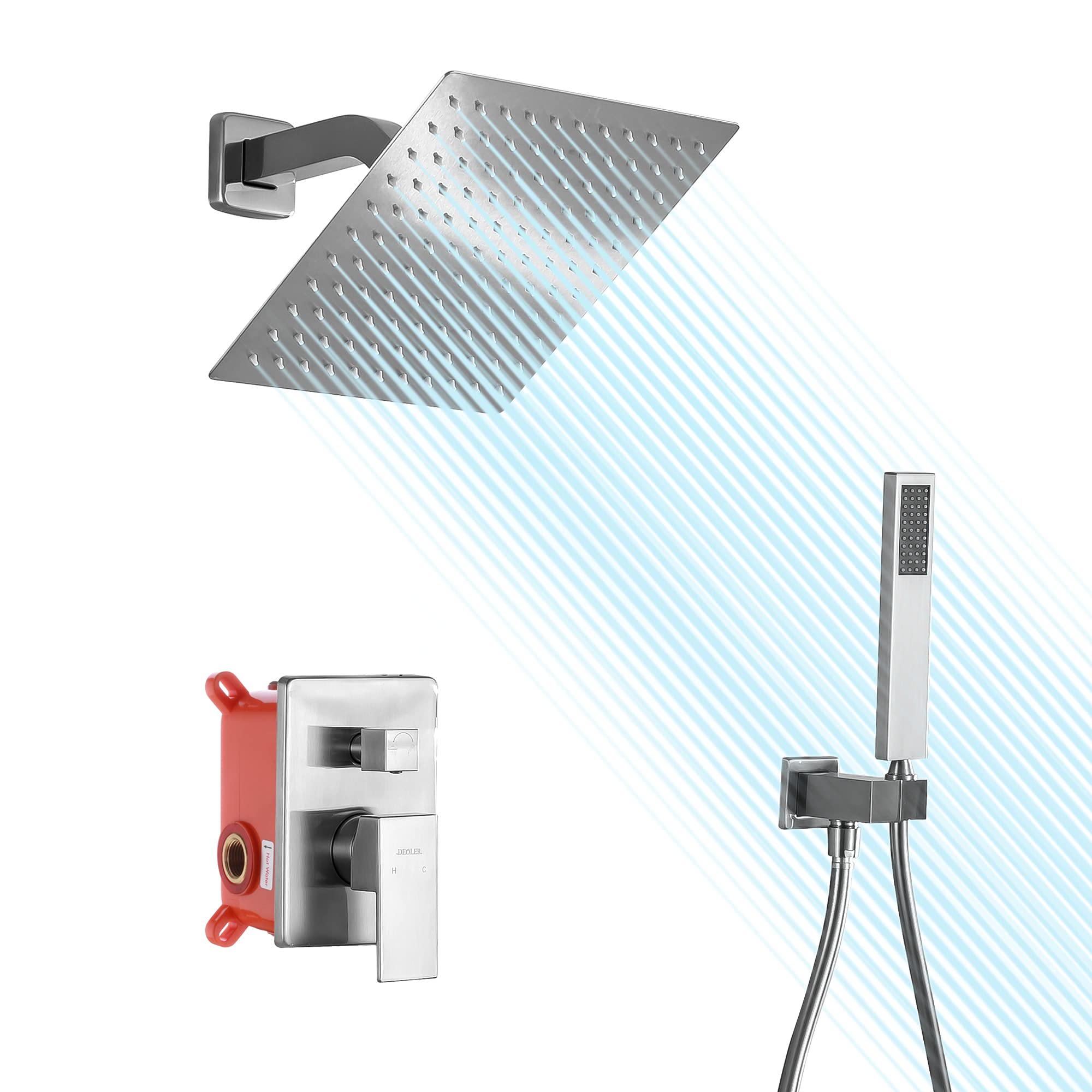 DEOLER Brushed Nickel Rainfall Shower System - Wall Mounted Luxury Bathroom Shower Combo Set with 10 Inch Rain Shower Head & Handheld Spray, Includes Rough-in Valve & Trim Kit - Perfect for Spa-Like Bathroom Upgrades & Modern Home Renovations