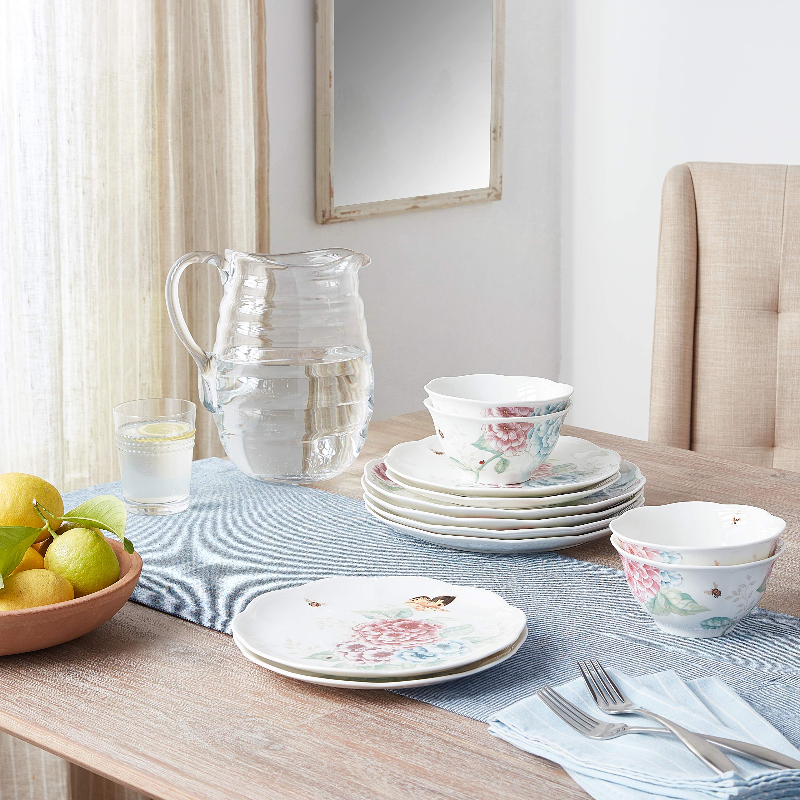Lenox Butterfly Meadow Hydrangea 12-Piece Dinnerware Set - Elegant Floral Tableware for Everyday Dining & Special Occasions
