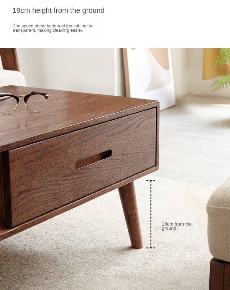 Solid Oak Wood Two-Drawer Coffee Table - Walnut Finish | Rustic Living Room Furniture for Home Decor & Storage