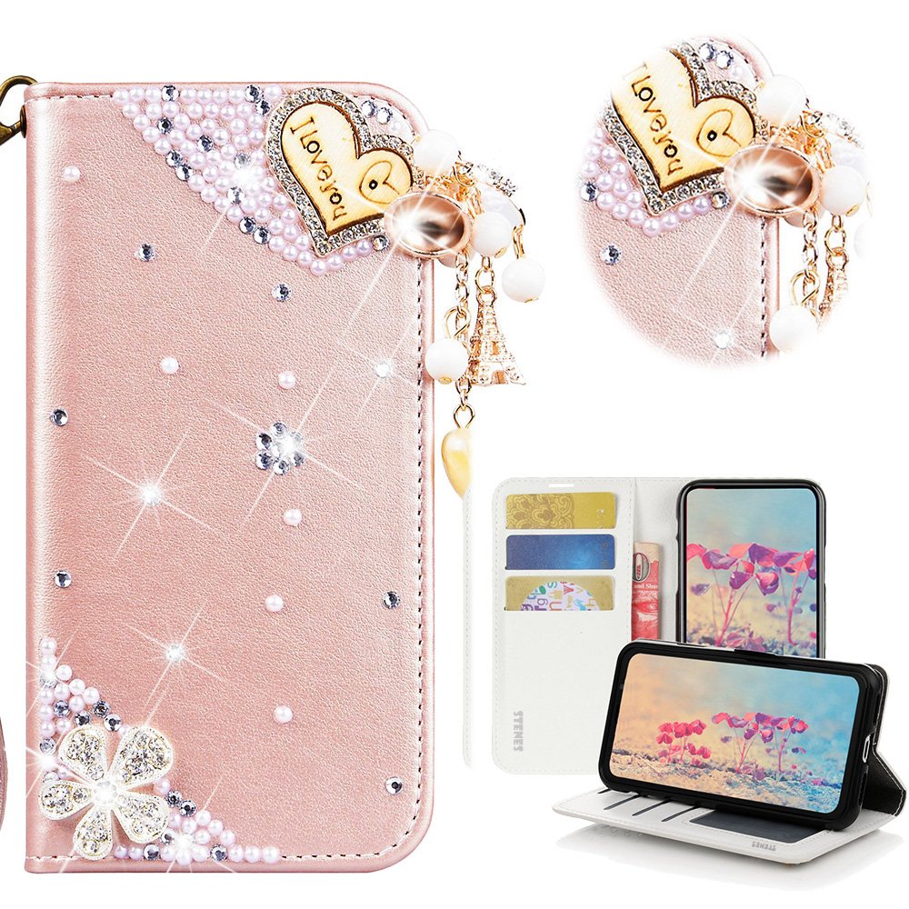 STENES iPhone SE Case with 3D Bling Crystal Heart & Flower Design - Wallet Cover with Credit Card Slots & Fold Stand - Compatible with iPhone 5/5S/SE - Pink Leather Phone Case - Perfect for Daily Use, Travel & Gift Giving