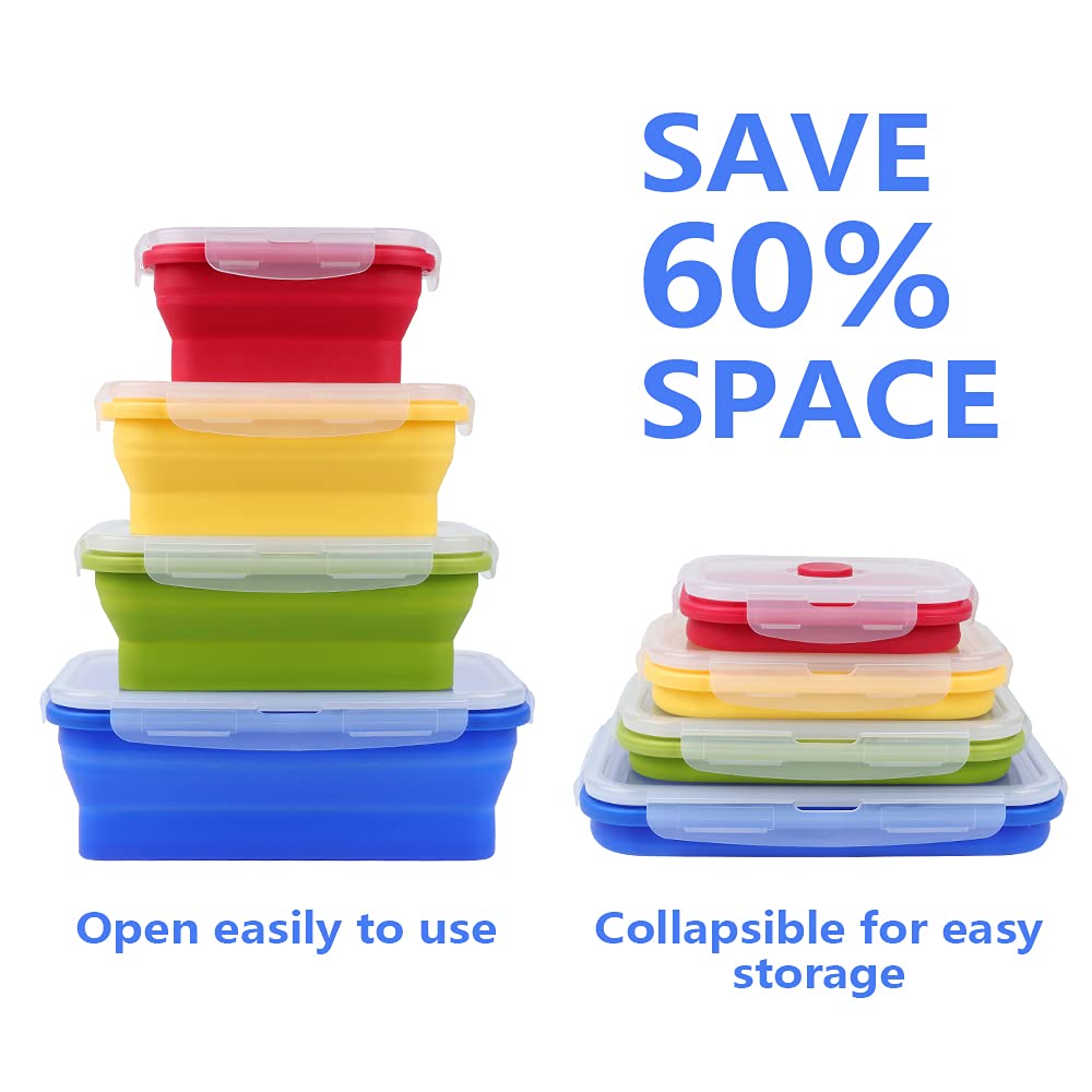 4-Pack Collapsible Silicone Food Storage Containers with Airtight Lids - Microwave, Dishwasher & Freezer Safe Bento Lunch Boxes for Meal Prep, Leftovers & Kitchen Organization | Perfect for Home, Office & Picnics