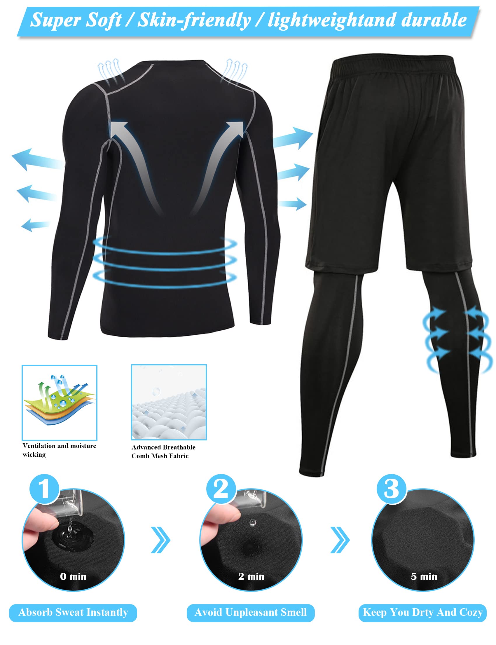 Terecey 3-Piece Men's Compression Running Set - Long Sleeve Top, Breathable Leggings & Workout Shorts with Pockets | Moisture-Wicking Athletic Wear for Running, Gym Training & Fitness (Sizes S-XXL) | Perfect for Marathon Training, CrossFit & Outdoor Sports Activities
