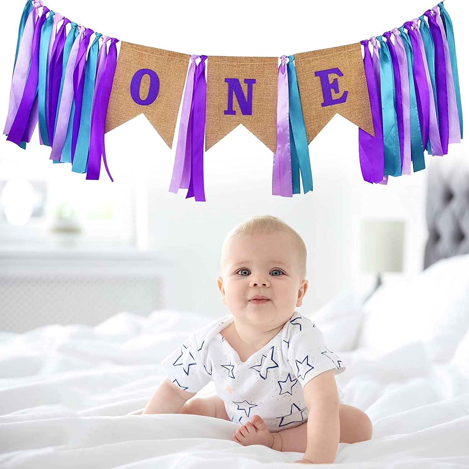 Kicpot 1st Birthday Baby Decorations - Happy Birthday ONE Burlap High Chair Banner for Boys & Girls | Perfect for First Birthday Parties, Cake Smash Photos & Nursery Decor