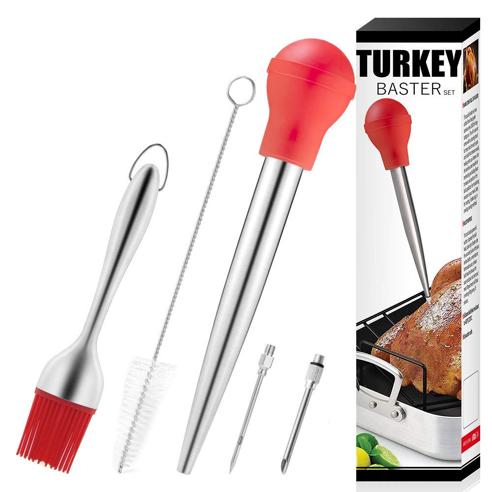 Premium Silicone Turkey Baster Set with Brush Head - Basting & Cleaning Brush Kit with 2 Flavor Injector Needles - Perfect for Thanksgiving, Christmas & Holiday Cooking - Great Gift for Home Chefs & BBQ Lovers